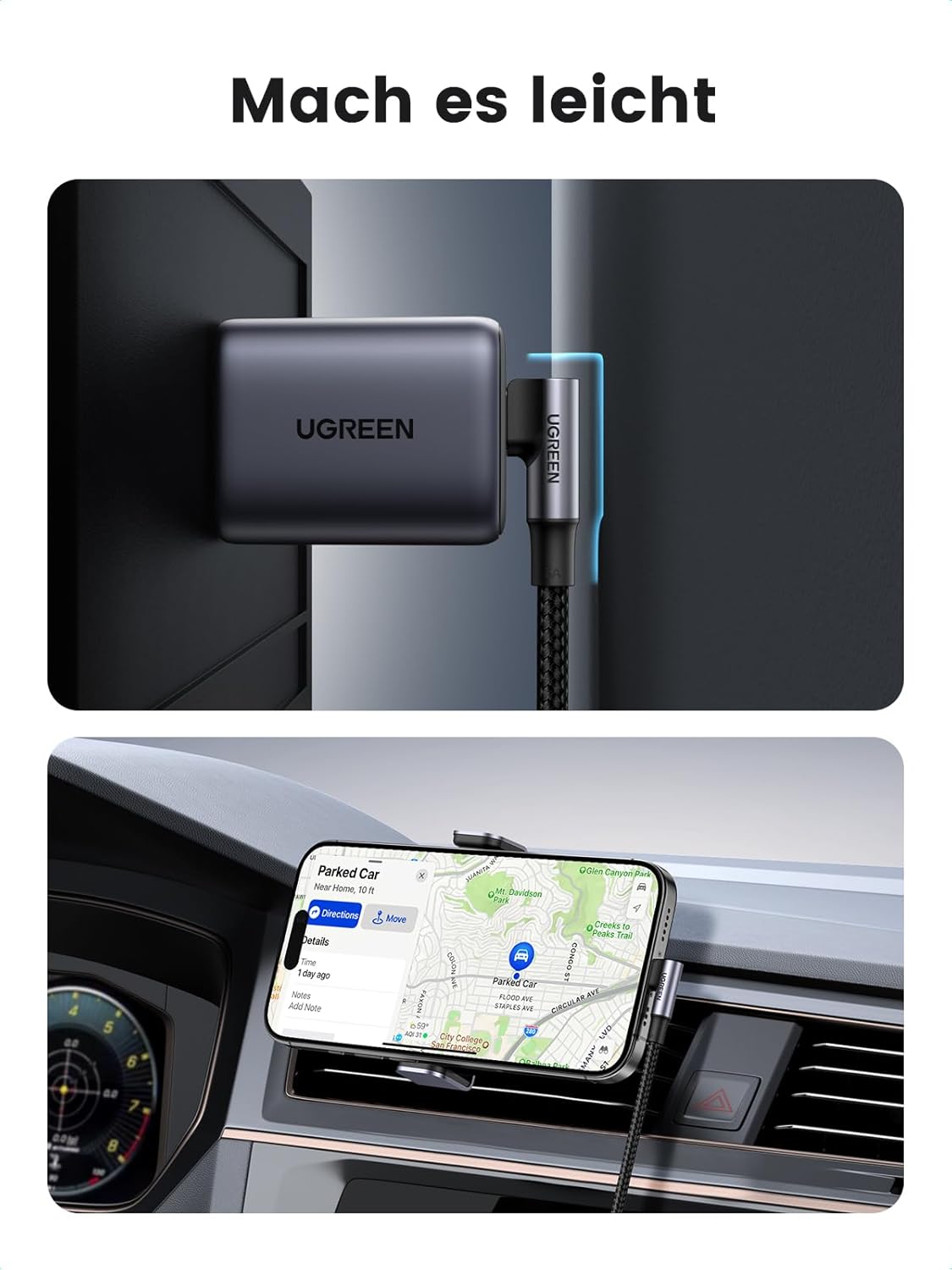 Detalle de UGREEN USB-C Kabel 100W Winkelstecker (USB-C auf USB-C) mit PD 3.0/PPS, 0,5 m