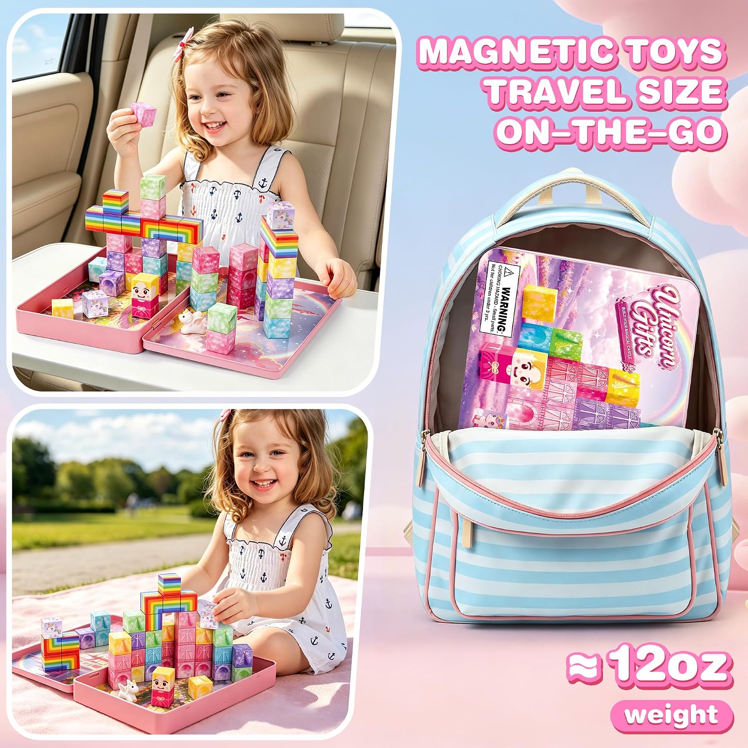 Detalle de Mini Magnetic Blocks Travel Set, 52-Piece Unicorn Building Cubes with Tin Case