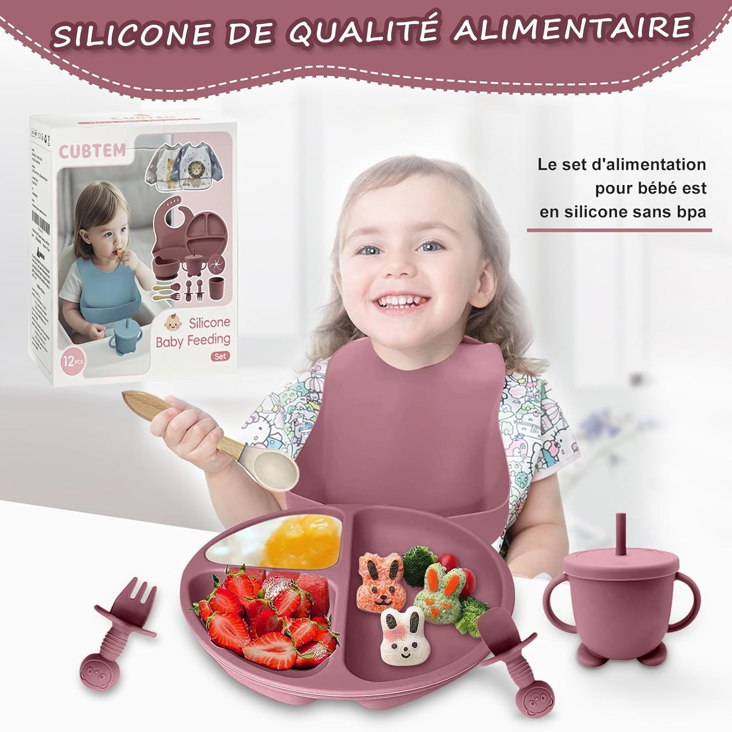 Thumbnail 1 de CUBTEM Set Pappa Svezzamento 12 pezzi: ciotola e piatti con ventosa, bavaglini in silicone e posate