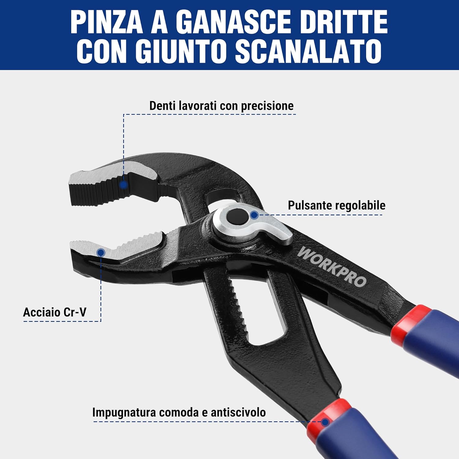 Thumbnail 2 de WORKPRO Pinze Regolabili per Tubi e Dadi 2 Pezzi (200 mm e 250 mm) – Impugnatura ergonomica e regolazione fine
