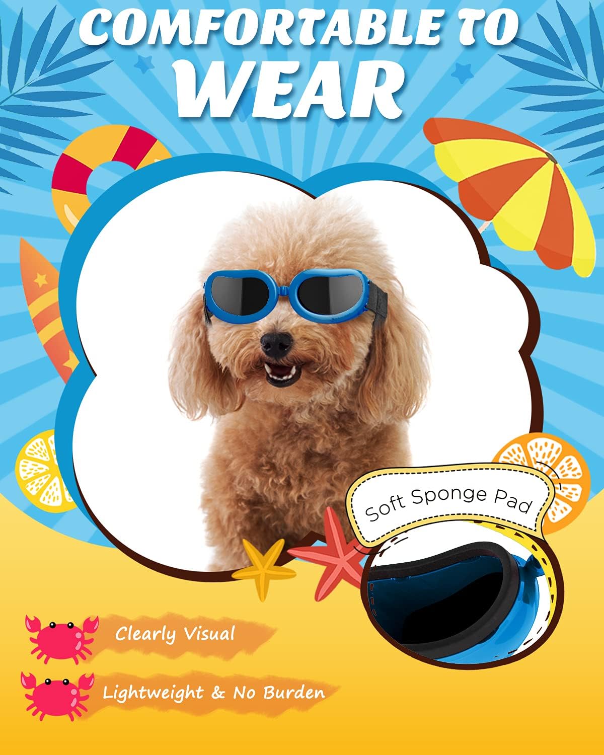 Detalle de Lewondr Sonnenbrille für Hunde — UV-Schutz, Wind- und Wasserdicht, verstellbares Gummiband (Kleine Hunde) – Vintage Blau