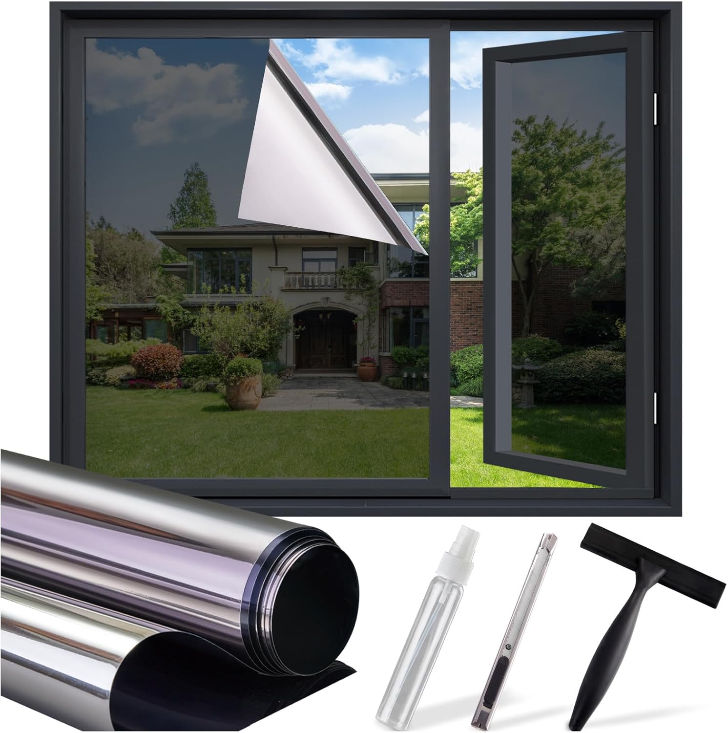 SUNBABY Window Tint for Home (One-Way Privacy Film) – Static Cling, Heat & UV Blocking, Renter Friendly Cover, 17.5 x 78.7 Inch, Black