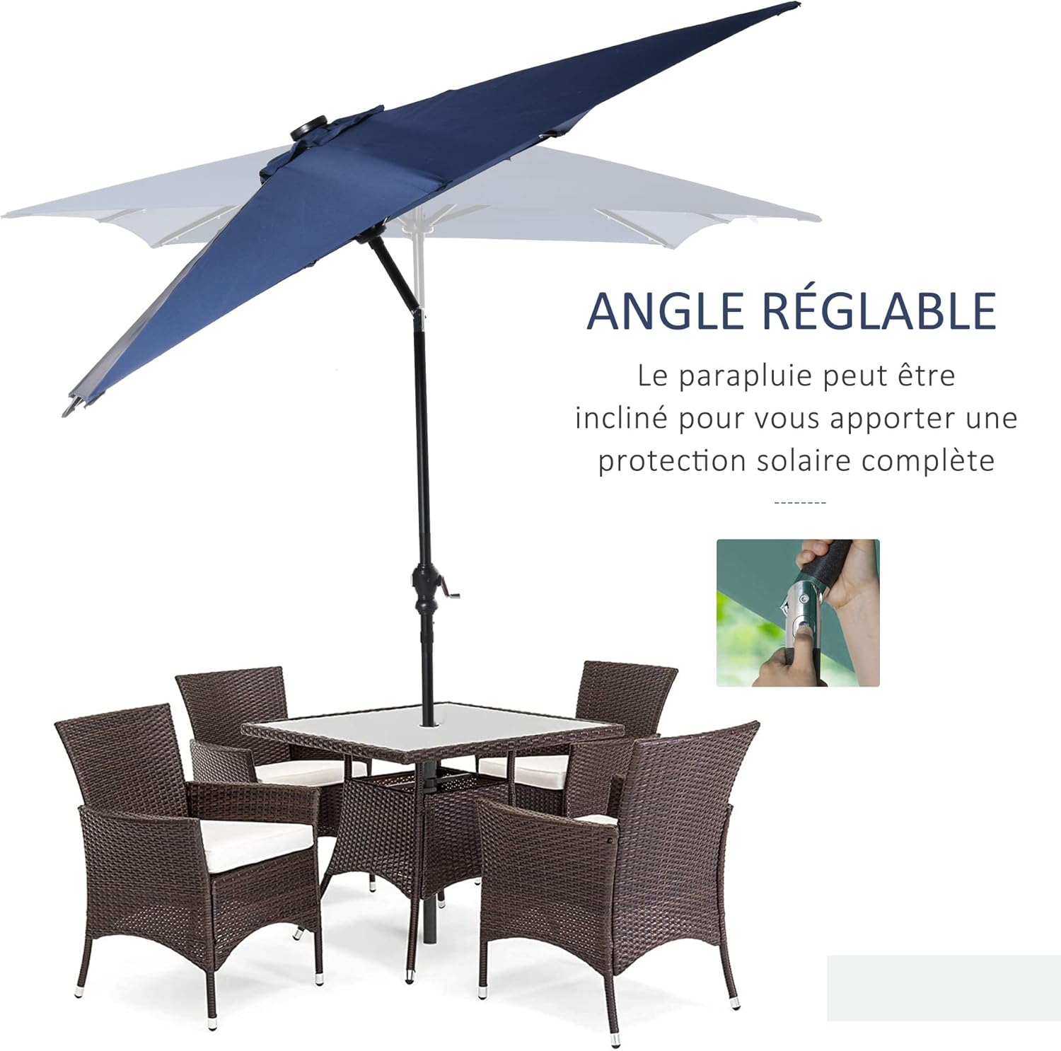 Thumbnail 4 de Outsunny Parasol de jardin droit LED 3 x 2 m avec éclairage solaire – Rectangulaire inclinable en bleu