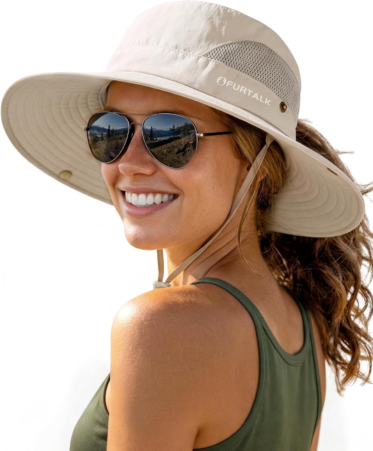 Detalle de FURTALK Women's Sun Hat with Ponytail Hole: Wide Brim UV Protection for Beach, Hiking, and Outdoor Adventures