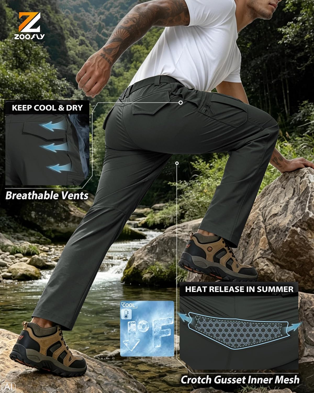 Detalle de Zoofly Men's Hiking Pants, Stretch Nylon Cargo Pants with 6 Pockets