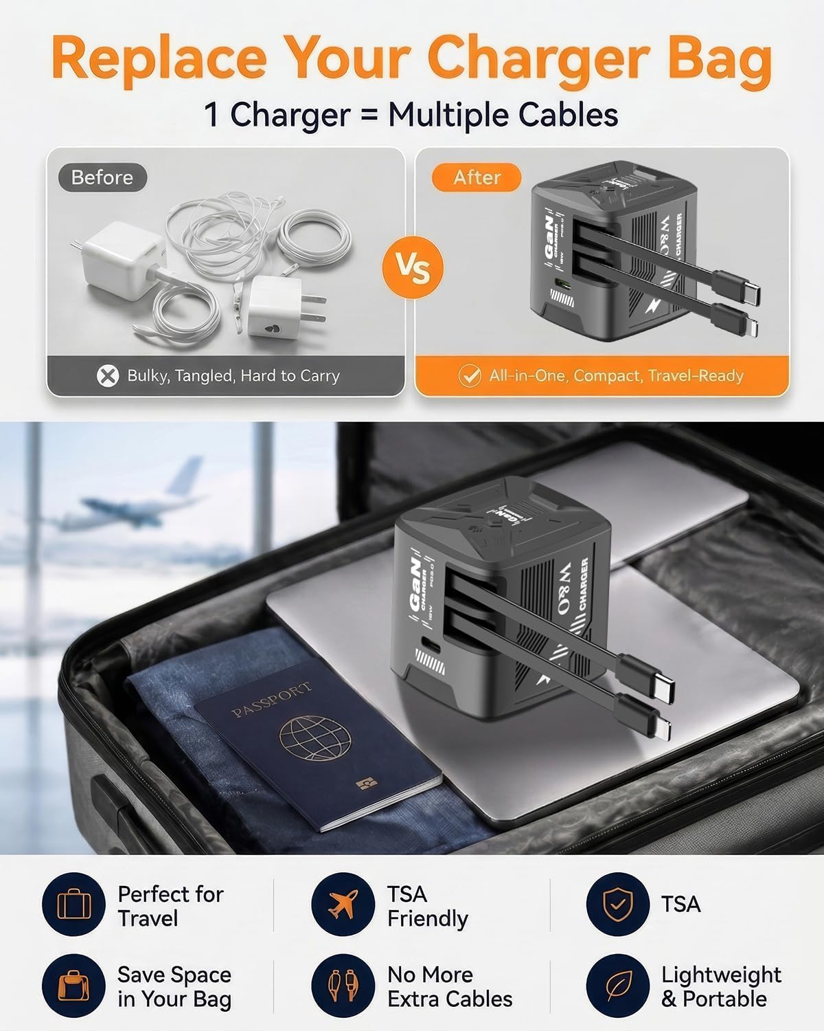 Detalle de W & O Retractable Wall Charger 60W GaN Fast Charger with Built-in 47.2" USB-C & Lightning Cables