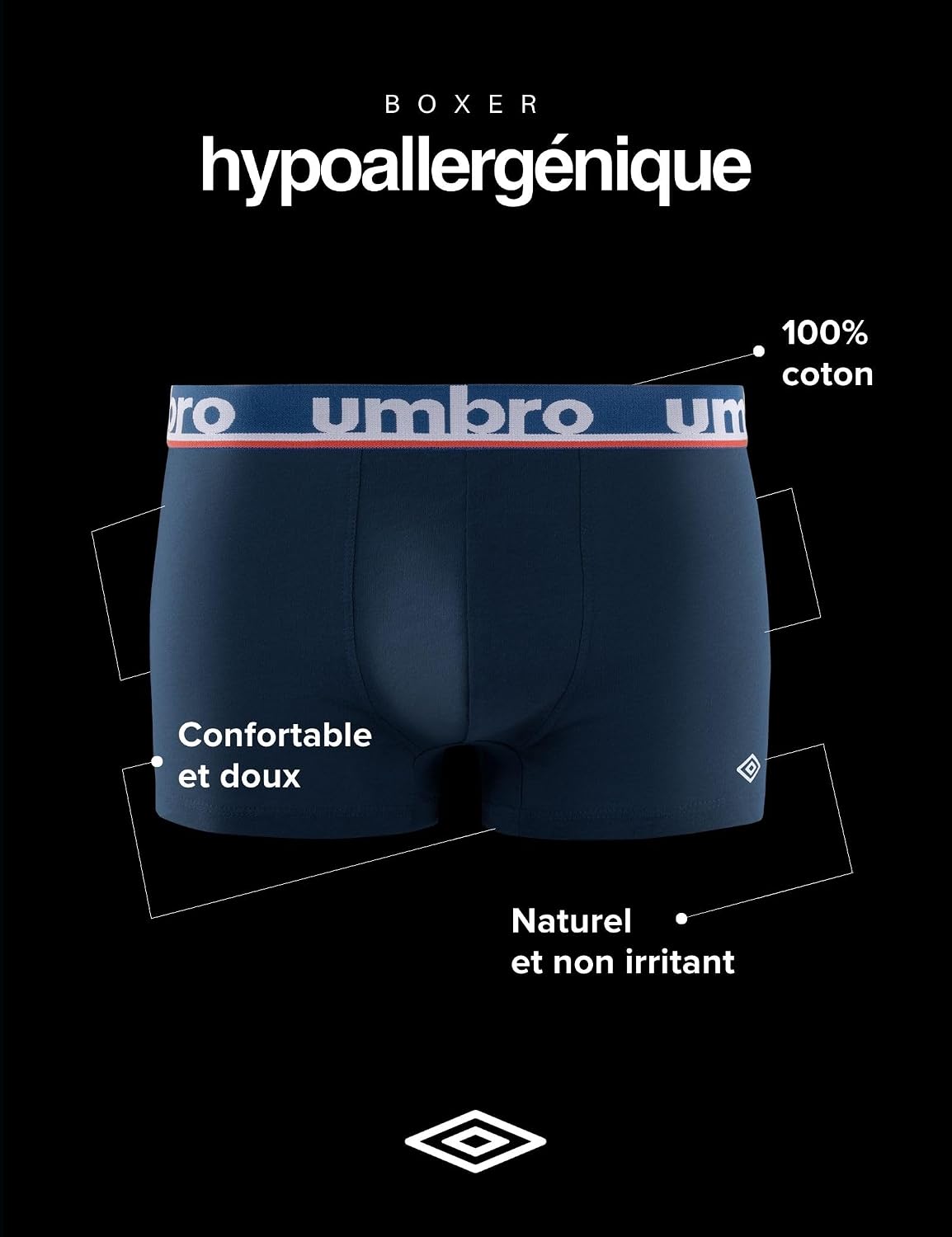 Detalle 2 de Umbro Caleçon Boxer Homme 100% Coton — Lot de 5 Noir CLA5 (M)