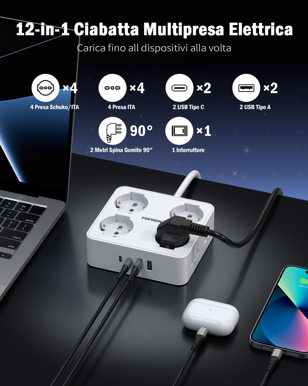 Thumbnail 1 de TOPREK Ciabatta Multipresa Elettrica 12-in-1: 8 prese universali con USB-C PD 20W, prolunga 2 m e design angolare