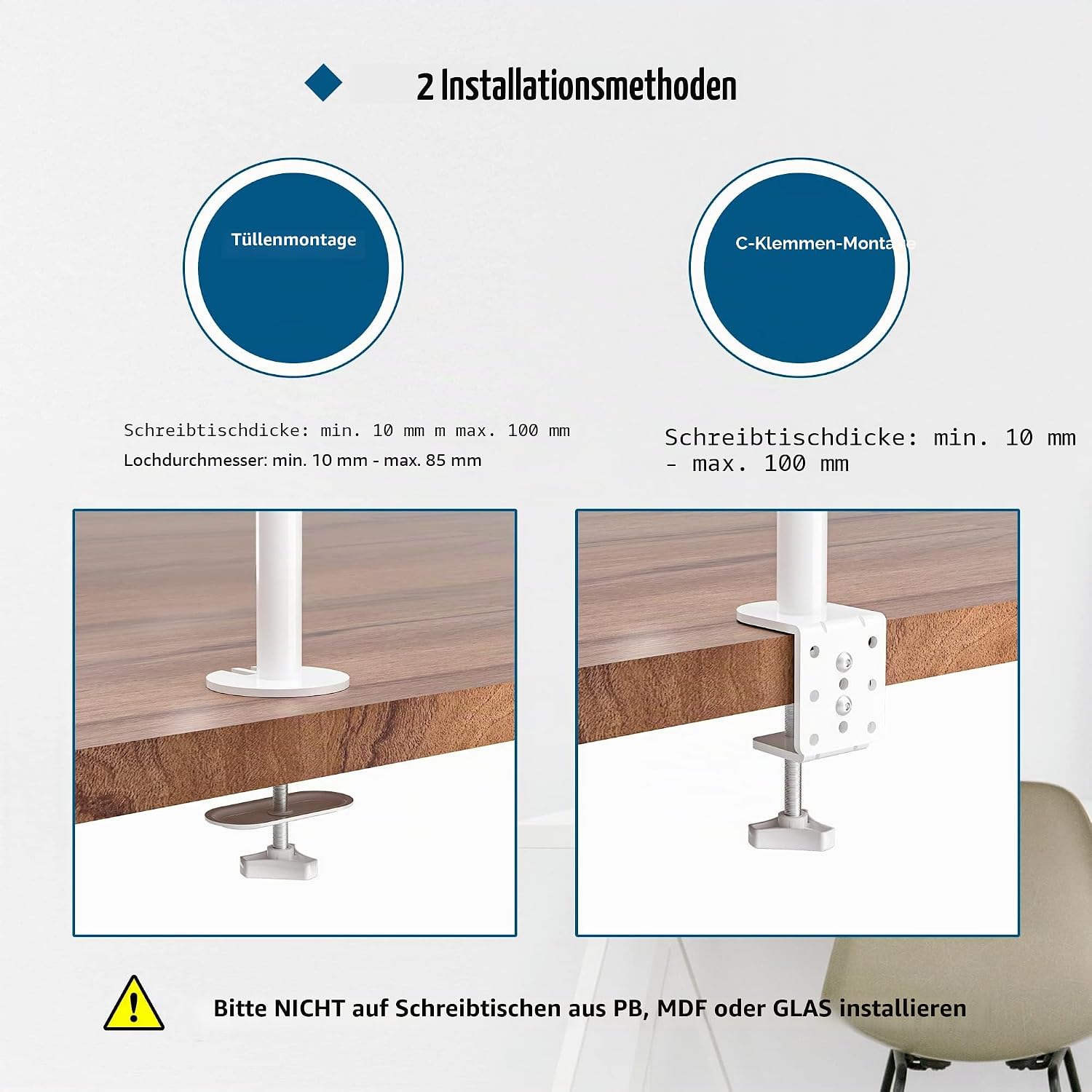 Detalle de BONTEC Monitor-Halterung 2 Monitore für 13–27 Zoll (Stahl, Doppelarm, höhenverstellbar) – VESA 75/100, 10 kg pro Arm, weiß