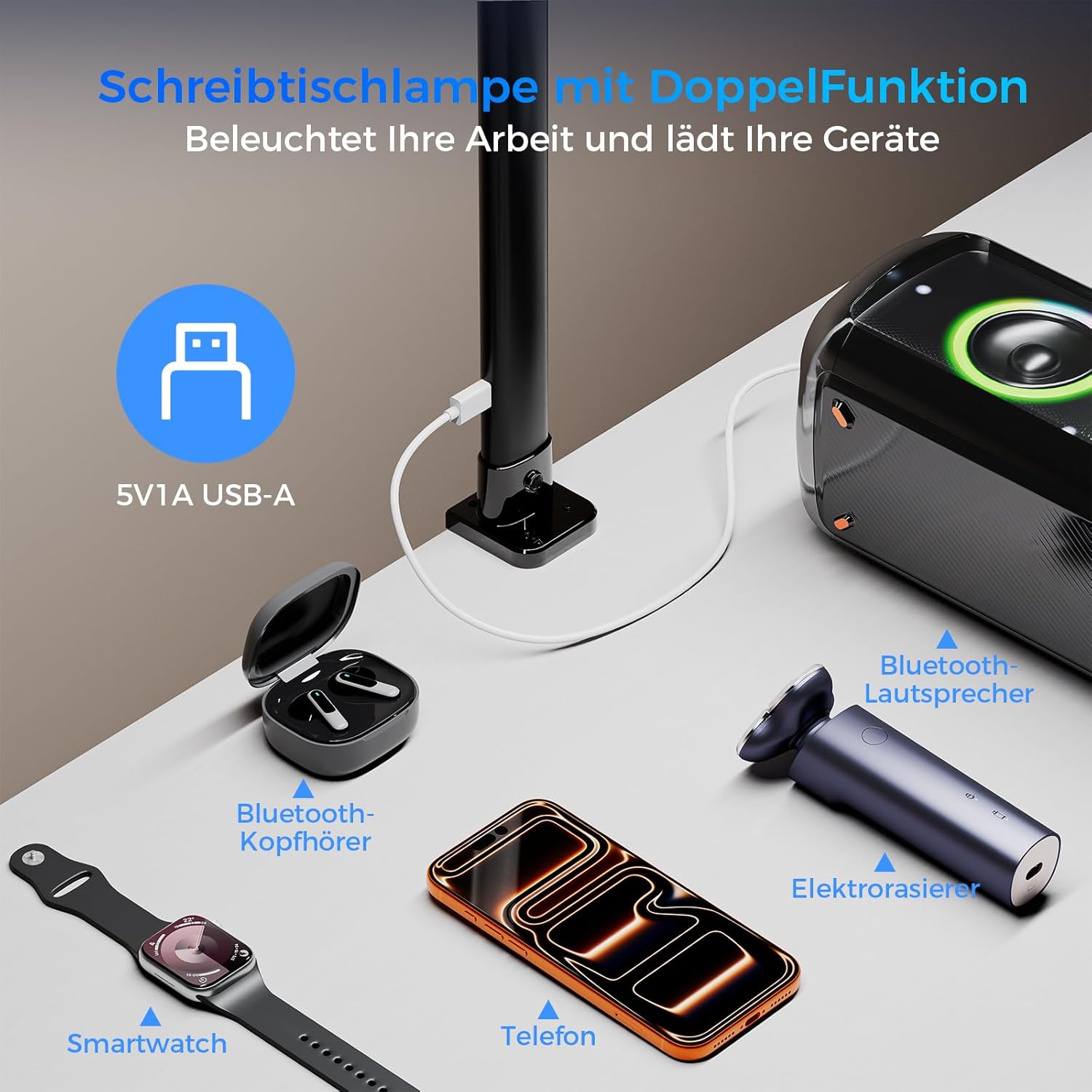 Detalle de Nevoke Schreibtischlampe LED Dimmbar – 1400 lm, 24 W, Doppelkopf mit Klemmfassung, Fernbedienung und USB-Ladefunktion
