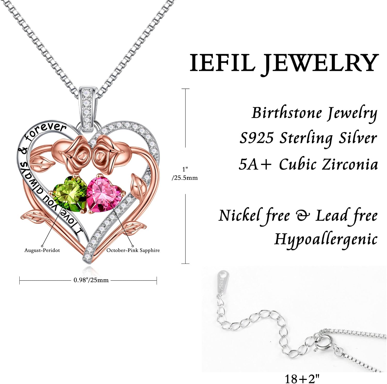 Thumbnail 4 de Iefil Rose Heart Double Birthstone Necklace for Wife – Birthstone Jewelry Gift for Women