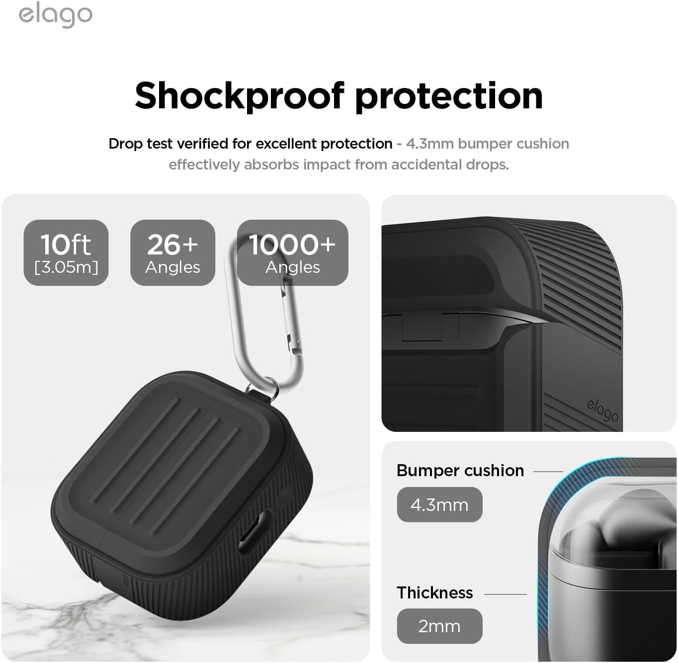 Thumbnail 2 de elago Coque Armor en silicone pour Samsung Galaxy Buds 3 / 3 Pro / 3 FE, avec mousqueton (noir)