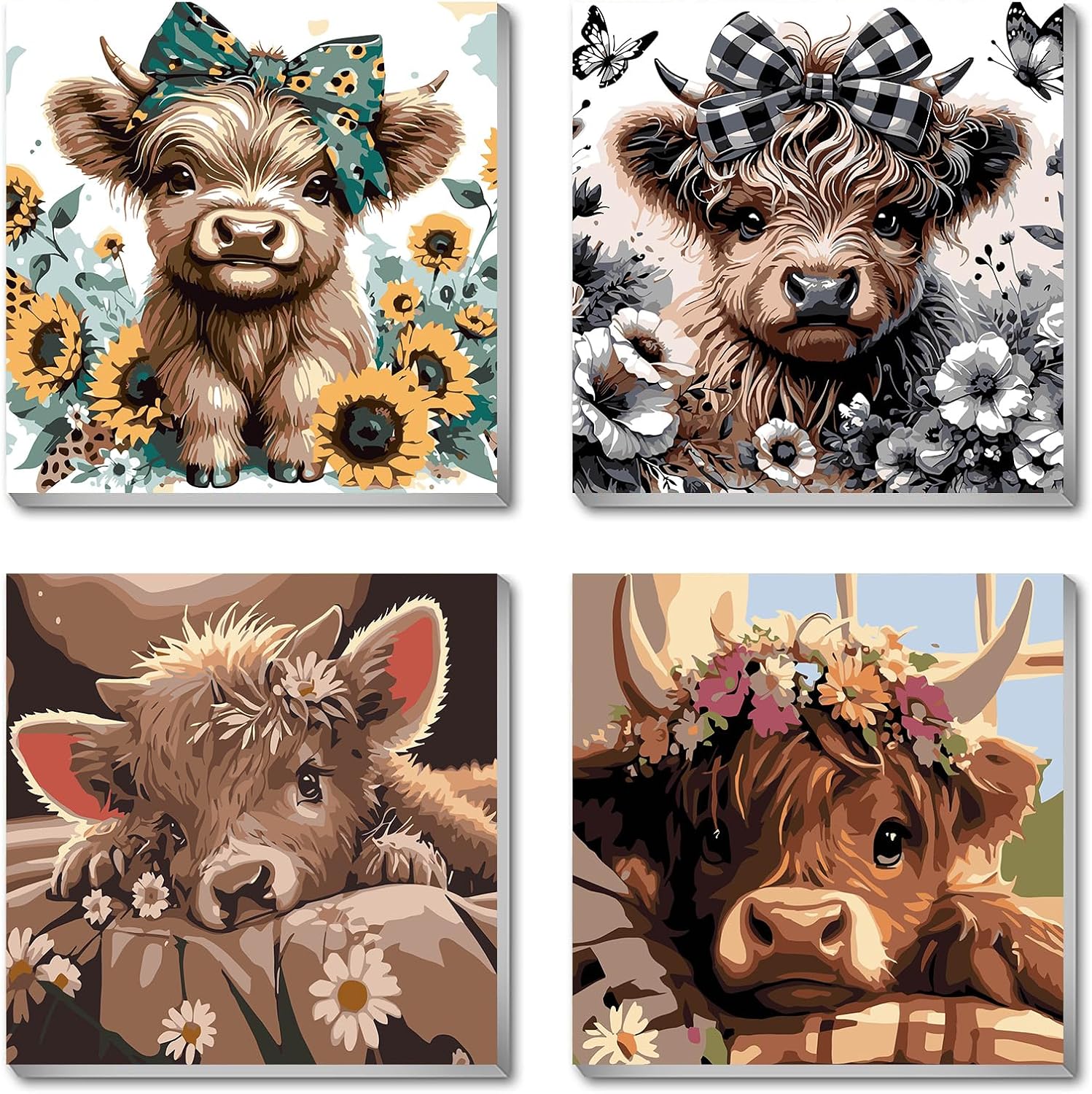 Detalle de mrpwnle Highland Cow Paint-by-Number Kit, 4 Framed Canvases with Acrylic Paints