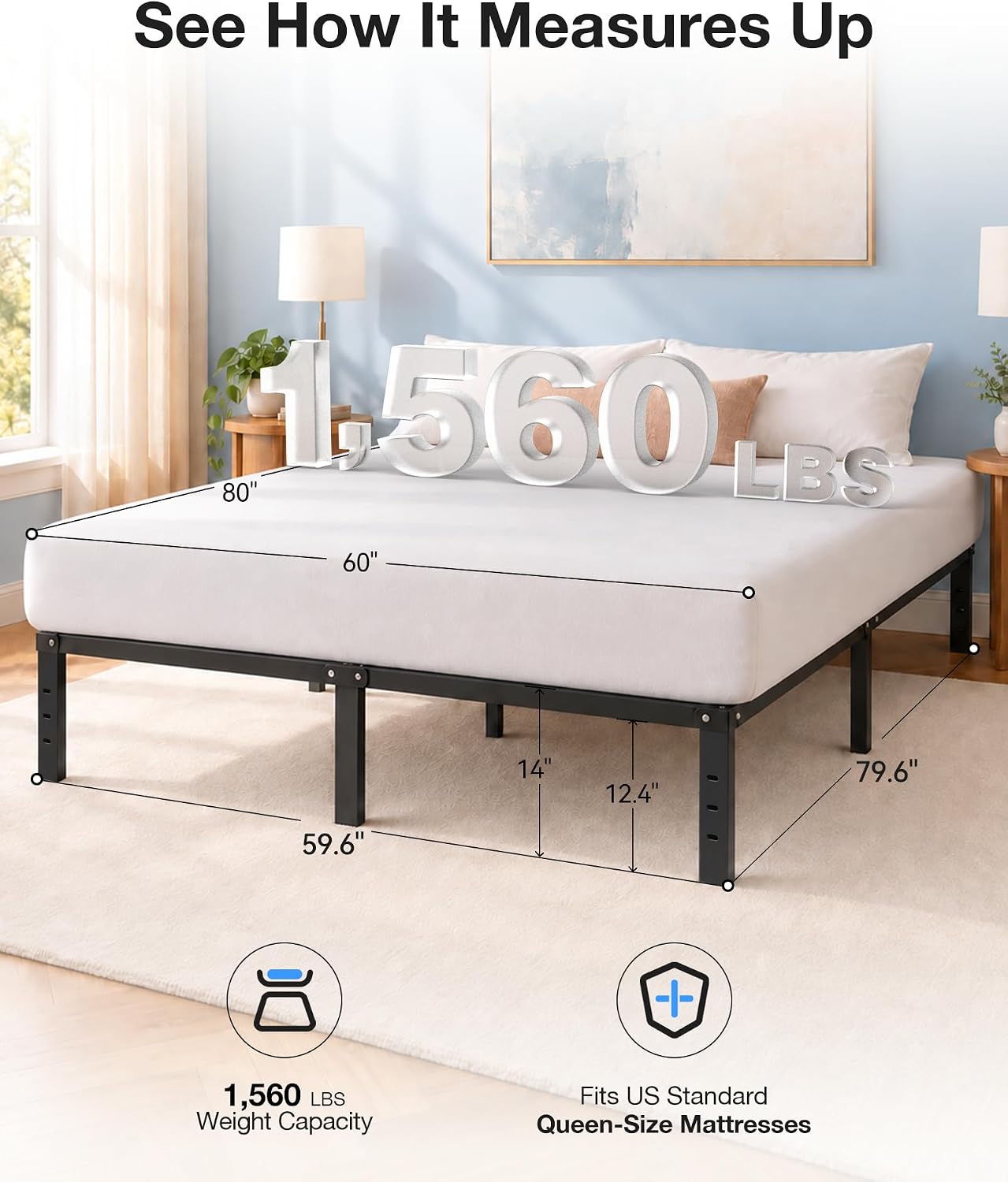 Detalle de YORWEN BF-Queen-14 Queen Metal Platform Bed Frame, 12.4-Inch Storage