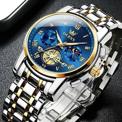 Detalle 2 de OLEVS Men's Two-Tone Stainless Steel Quartz Watch with Moon Phase and Luminous Hands
