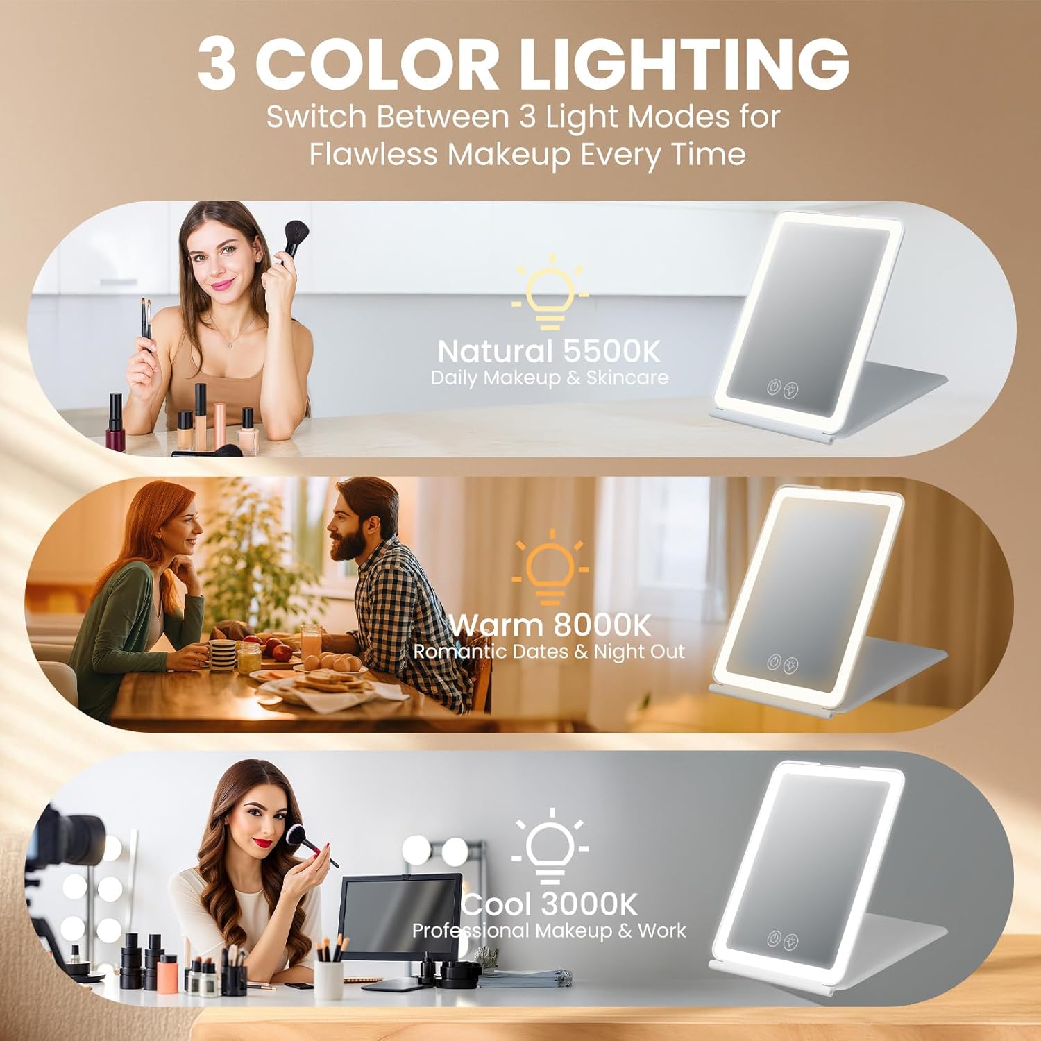 Detalle de EYMUOBC Miroir Maquillage Lumineux 72 LED, 1500mAh – portable, pliable et rechargeable