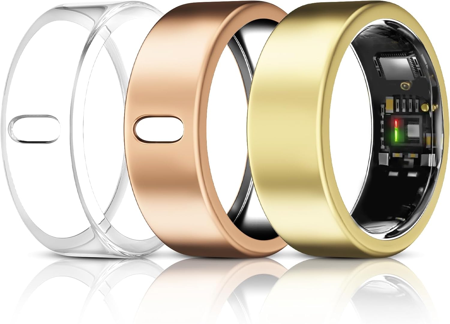 Detalle de 3 Pack TPU Ring Covers for Oura Gen 3/4 and Ultrahuman Ring Air – Clear, Silver & Gold