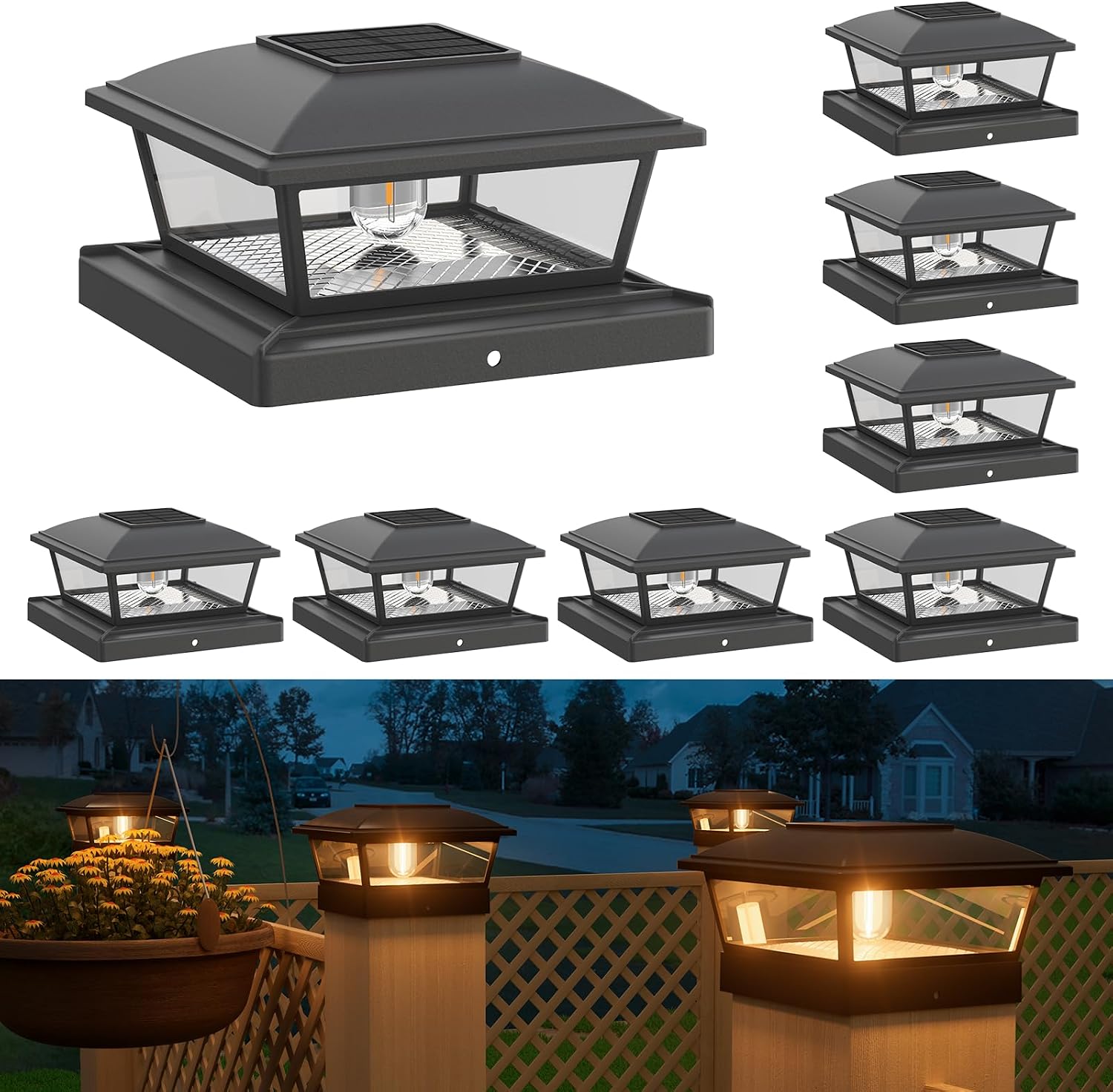 Detalle de APONUO 18171BDR Solar Post Cap Lights, 2 Brightness Modes, 8-Pack