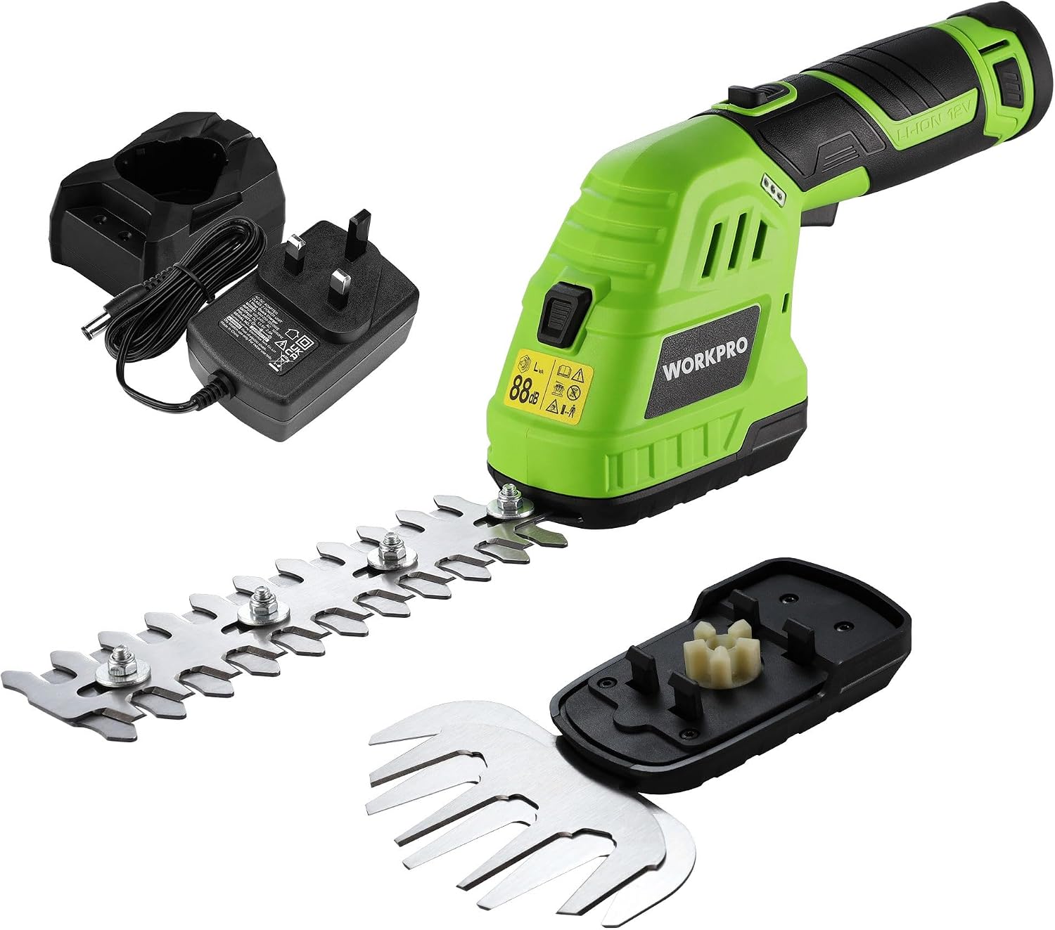 WORKPRO 2-in-1 Cordless Hedge Trimmer and Grass Shear (12 V) with 2 Interchangeable Blades