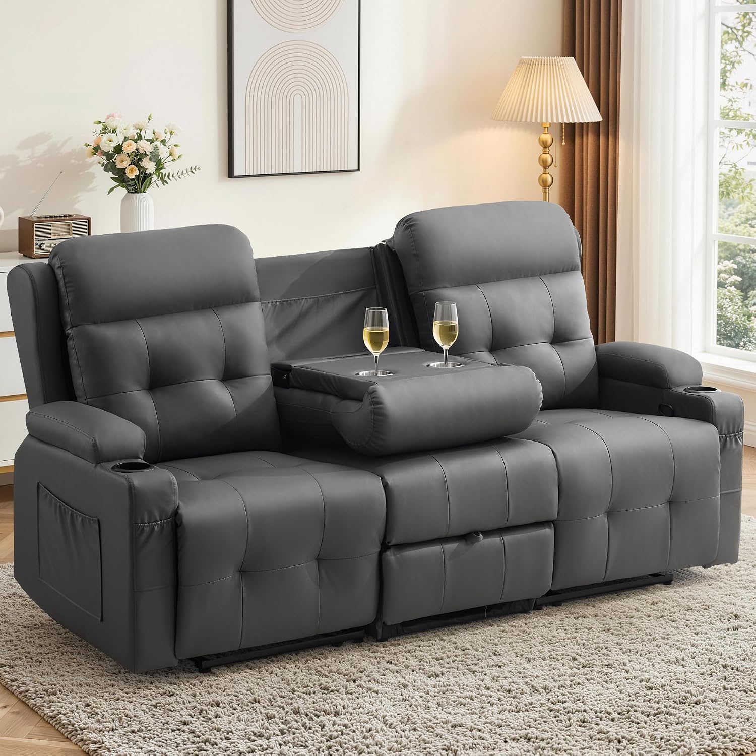 Detalle de Korser LS-1066-Grey-NEW 3-Seat Recliner Sofa with PU Leather & Flip-Back Console