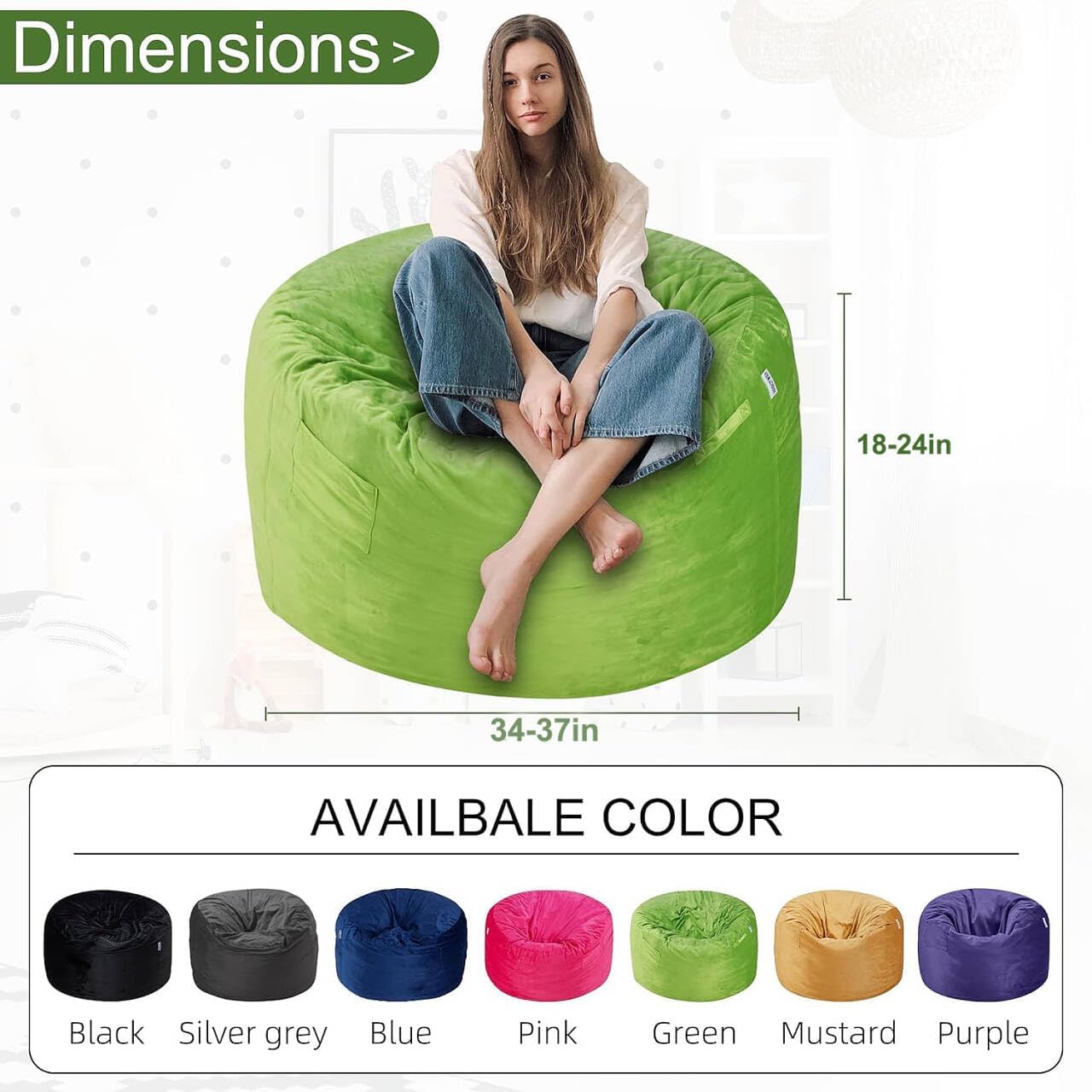 Detalle de HABUTWAY 62-043-Green 3FT Bean Bag Chair, Velvet Cover, Foam-Filled
