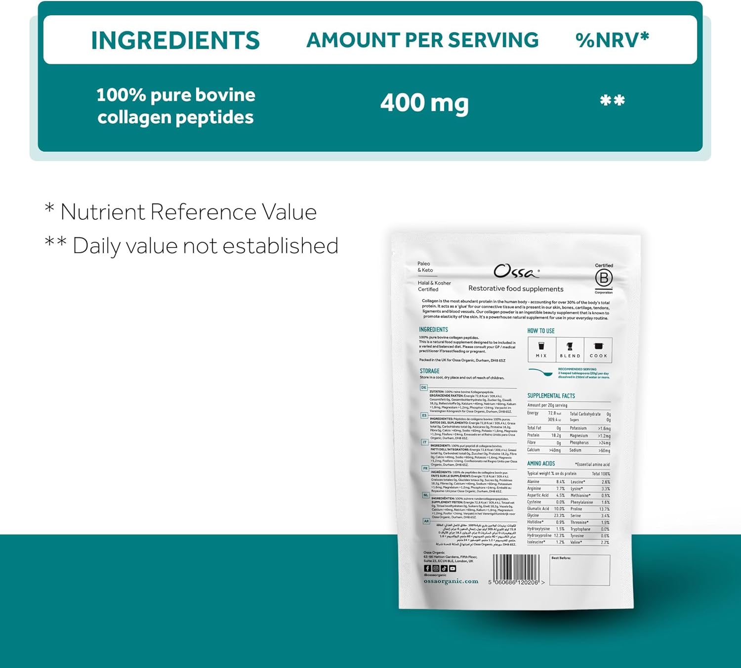 Thumbnail 1 de Ossa Collagen Peptides Powder 400g (Grass Fed) — natural protein supplement for hair, skin, joints & muscles