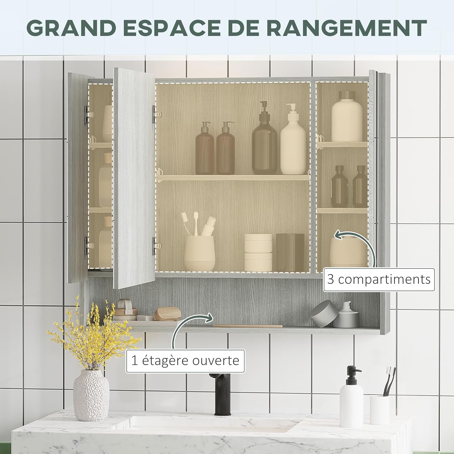 Thumbnail 3 de kleankin Armoire murale de salle de bain avec miroir et 3 portes, 90 x 15 x 75 cm, gris
