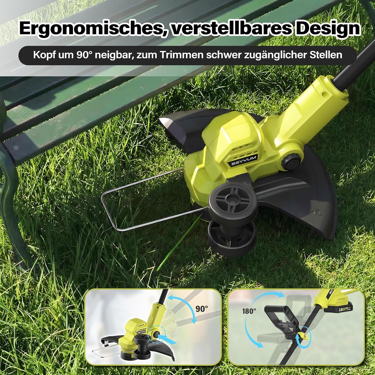 Thumbnail 3 de Akku-Rasentrimmer, Elektro Rasentrimmer mit 2× 2000 mAh Akkus und Ladegerät – 850 W, Schnitthreite 300 mm