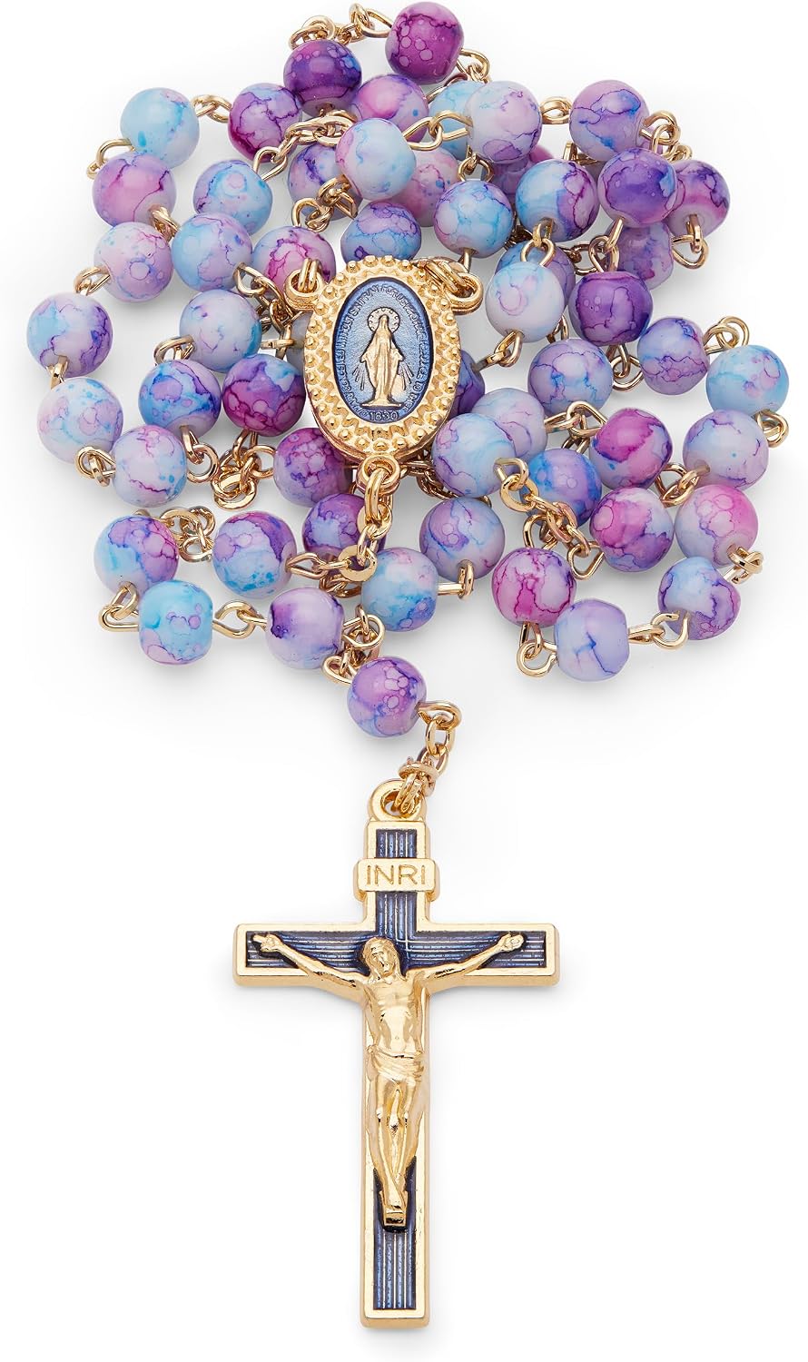 Mondo Cattolico Rosario della Vergine Miracolosa con Vetro Variegato e Catena in Ottone Dorato