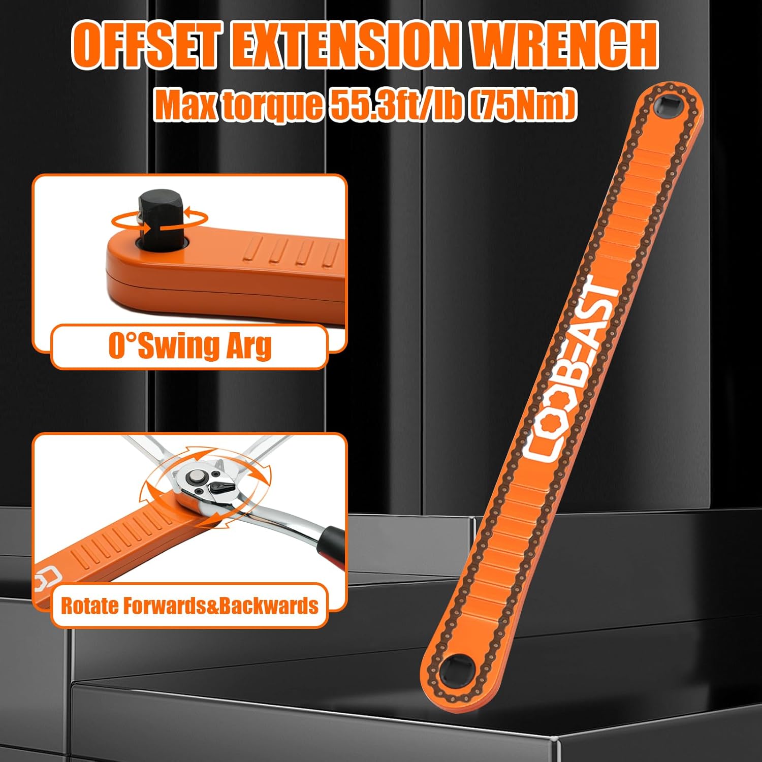 Detalle 2 de coobeast 3/8" Offset Extension Wrench with 0° Swing and Drive Adapters