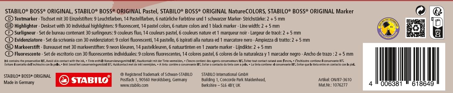 Detalle 2 de STABILO BOSS ORIGINAL 30er Textmarker-Set: Neon, Pastell, Naturtöne & Schwarz mit Stiftehalter