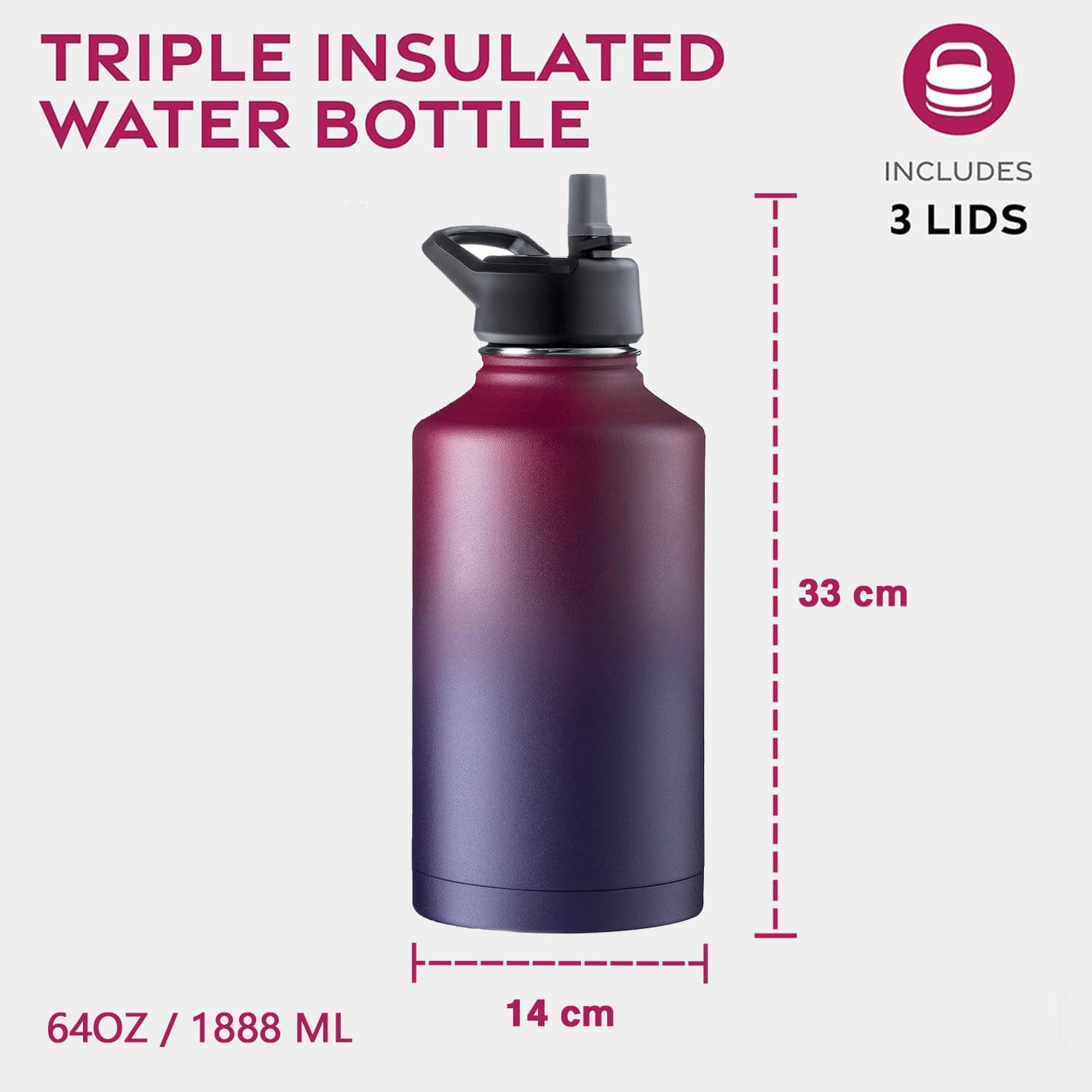 Detalle de GARUET Triple-Walled Insulated Stainless Steel Water Bottle with Straw, 1888ml (Cheery Turquoise)