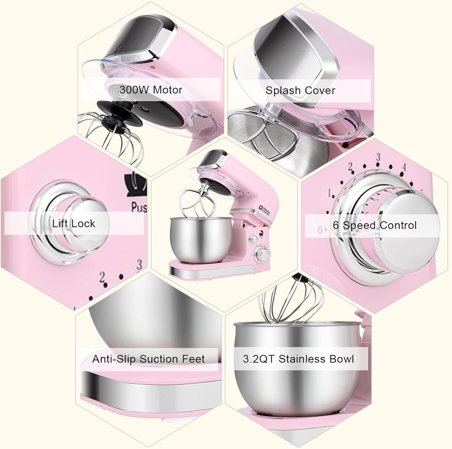 Thumbnail 5 de Kitchen in the box Stand Mixer (3.2Qt) – Compact Electric Food Mixer with 6 Speeds, Tilt-Head, Dough Hook, Whisk, Flat Beater (Pink)