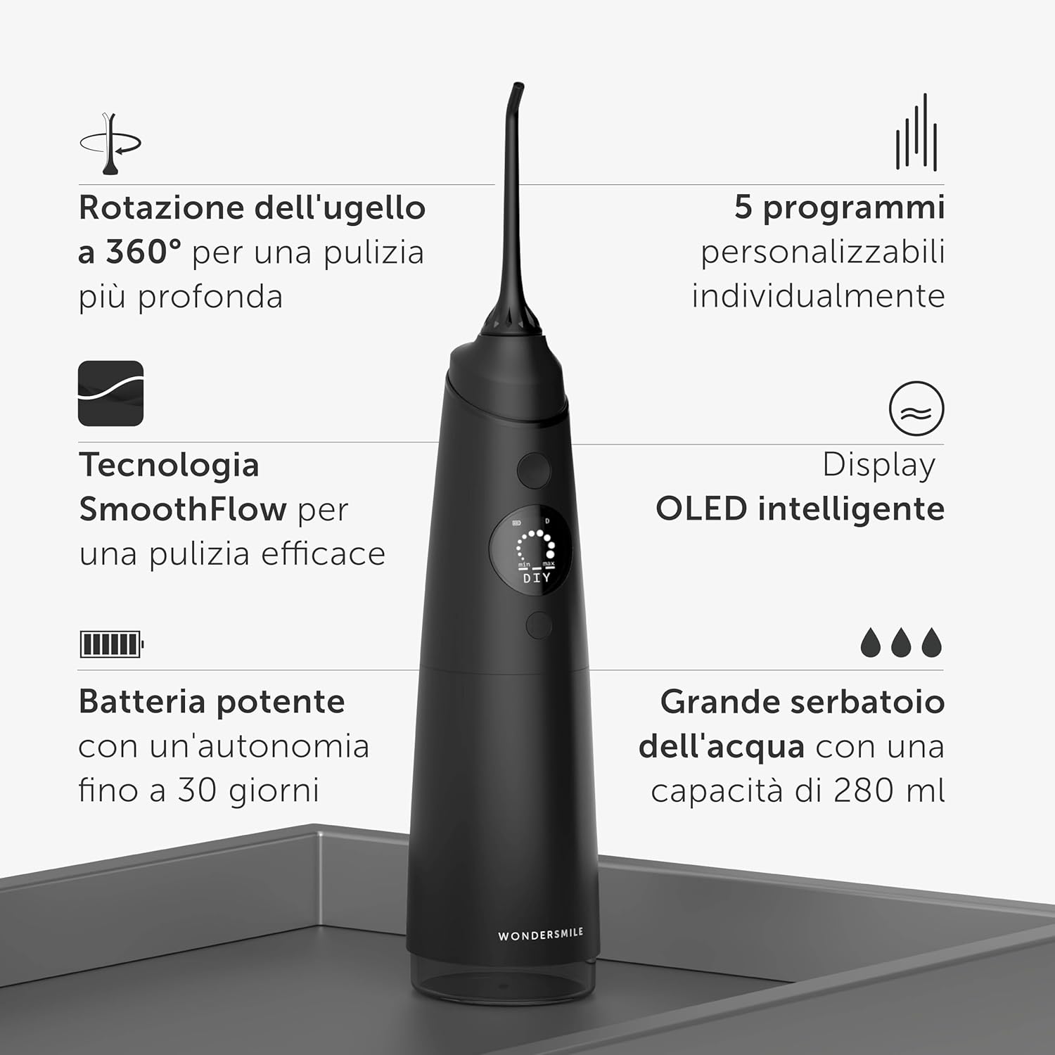 Detalle de Wondersmile Irrigatore Orale Pro Ultimate Black: 5 programmi, batteria fino a 30 giorni e test certificato TÜV SÜD