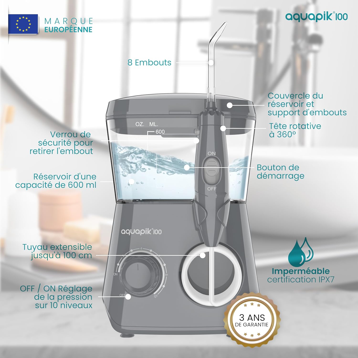 Detalle de Hydropulseur Aquapik IPX8, 600 ml ⚙