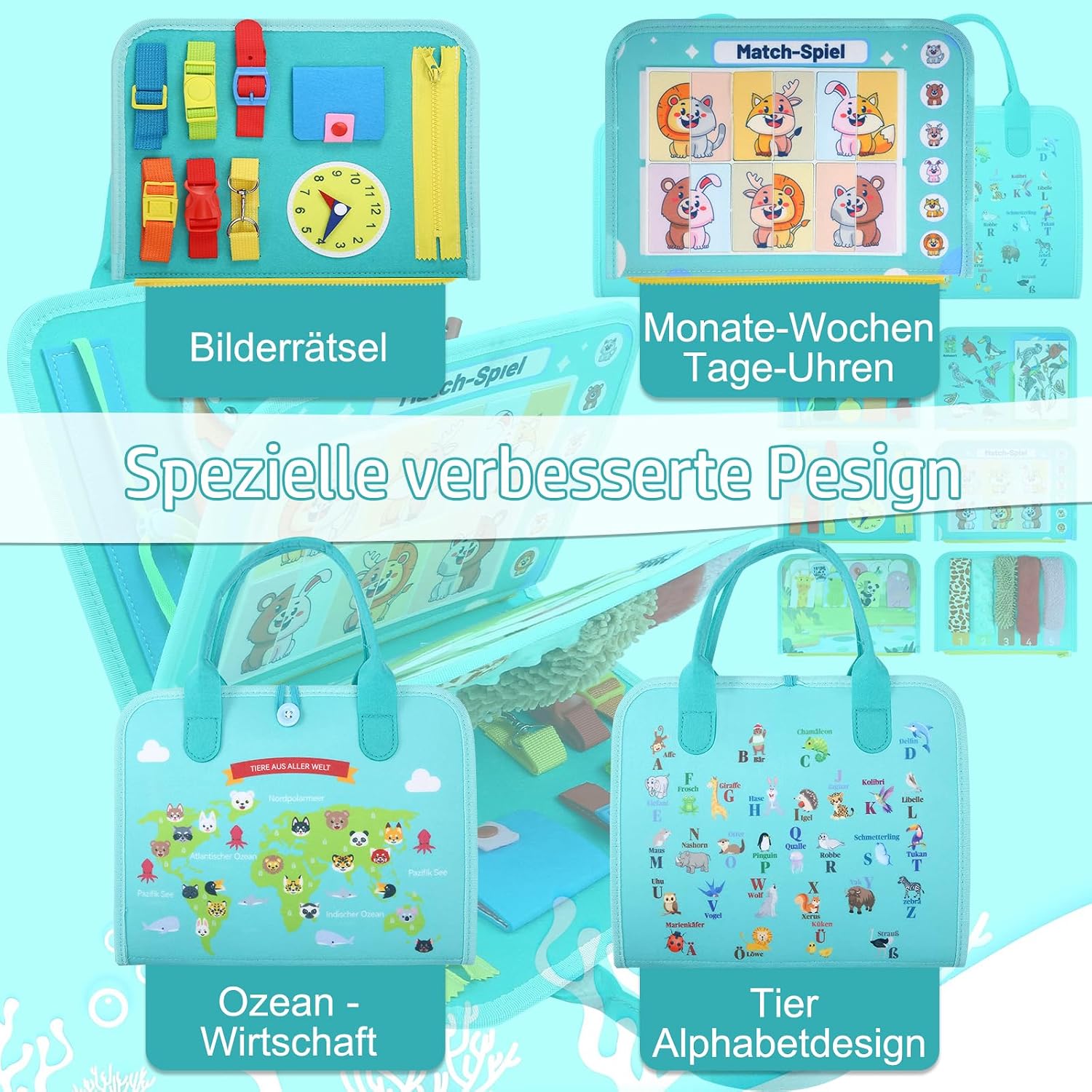 Detalle de khlerox Busy Board Montessori-Spielzeug (Filz) – sensorisches Lernaktivitätsbrett für Kleinkinder, grün