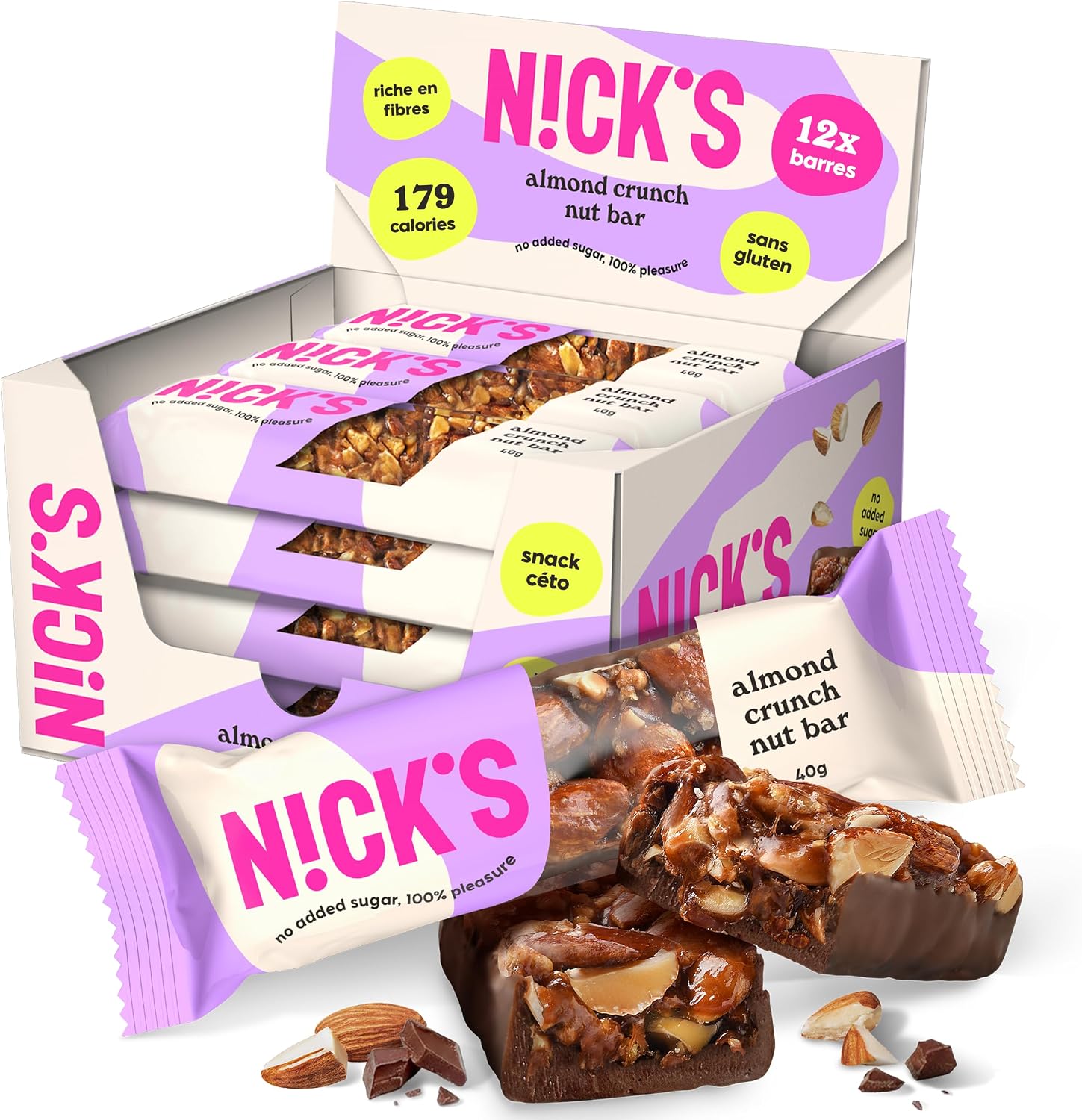 Detalle de NICKS amandel-chocoladerepen, 12 x 40 g, knapperig en zonder toegevoegde suiker