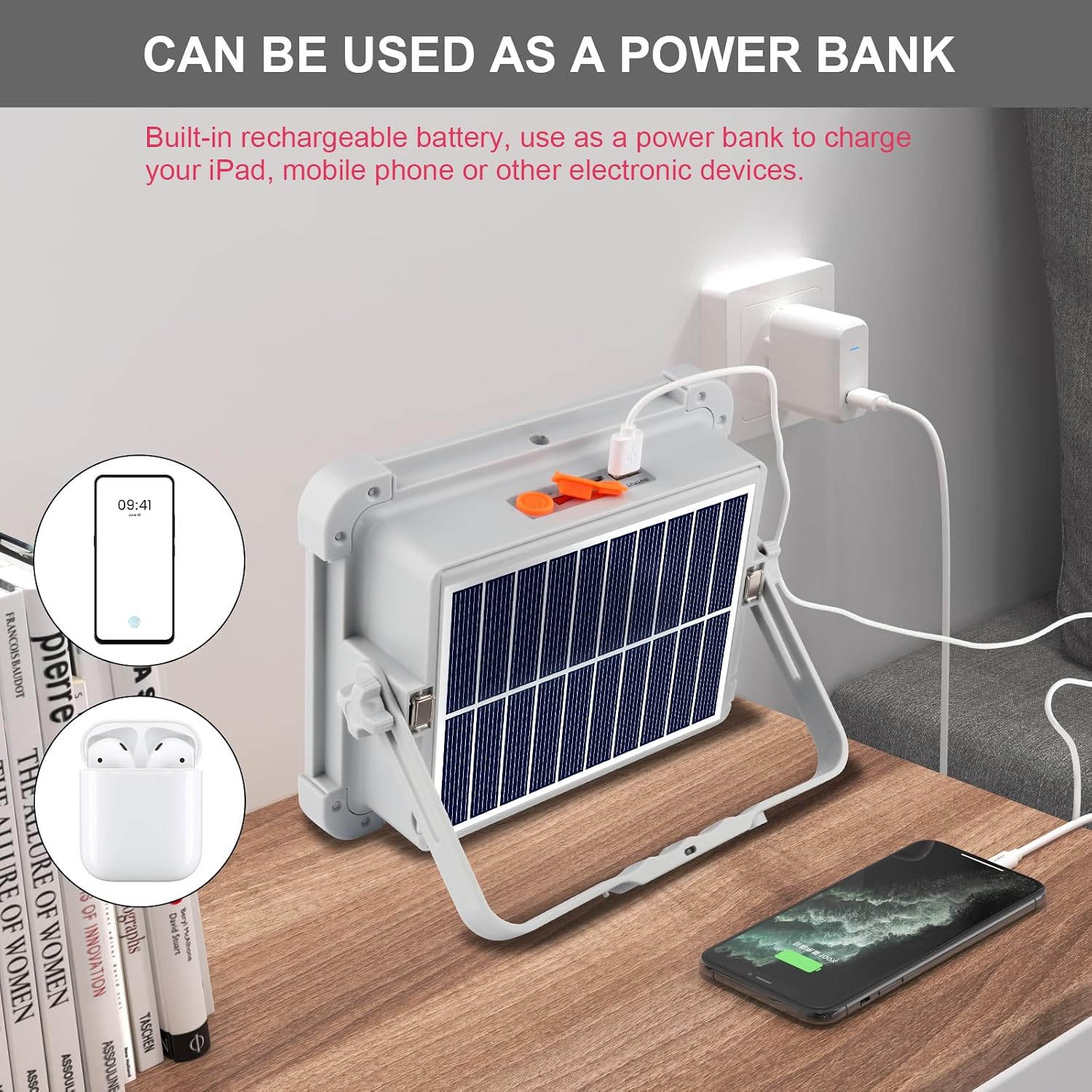 Detalle de Projecteur LED rechargeable JINABLOSSY 150W portable avec panneau solaire et 5 modes d’éclairage (IP65)
