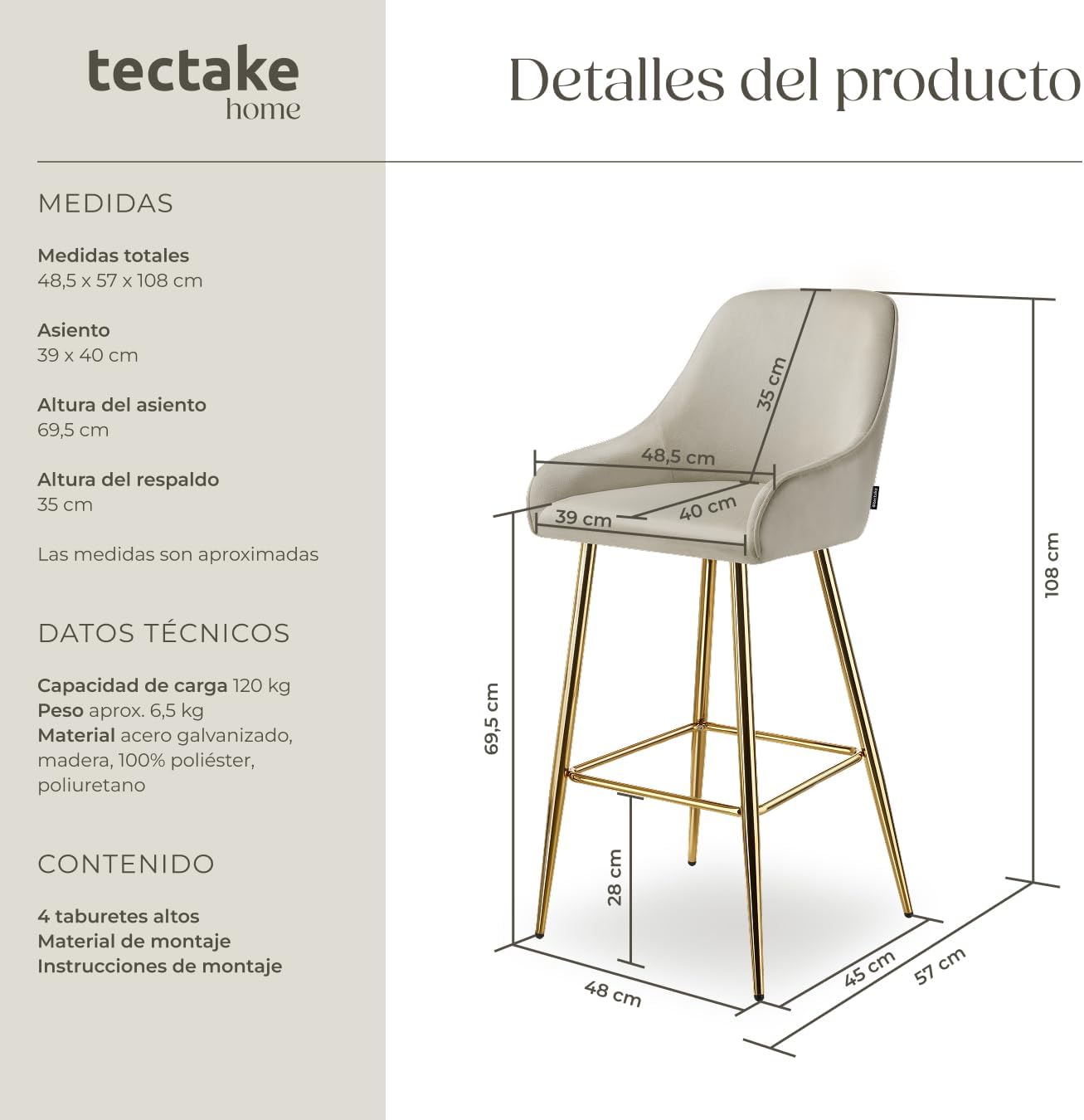 Detalle de tectake Taburete Alto acolchado crema 4 unidades
