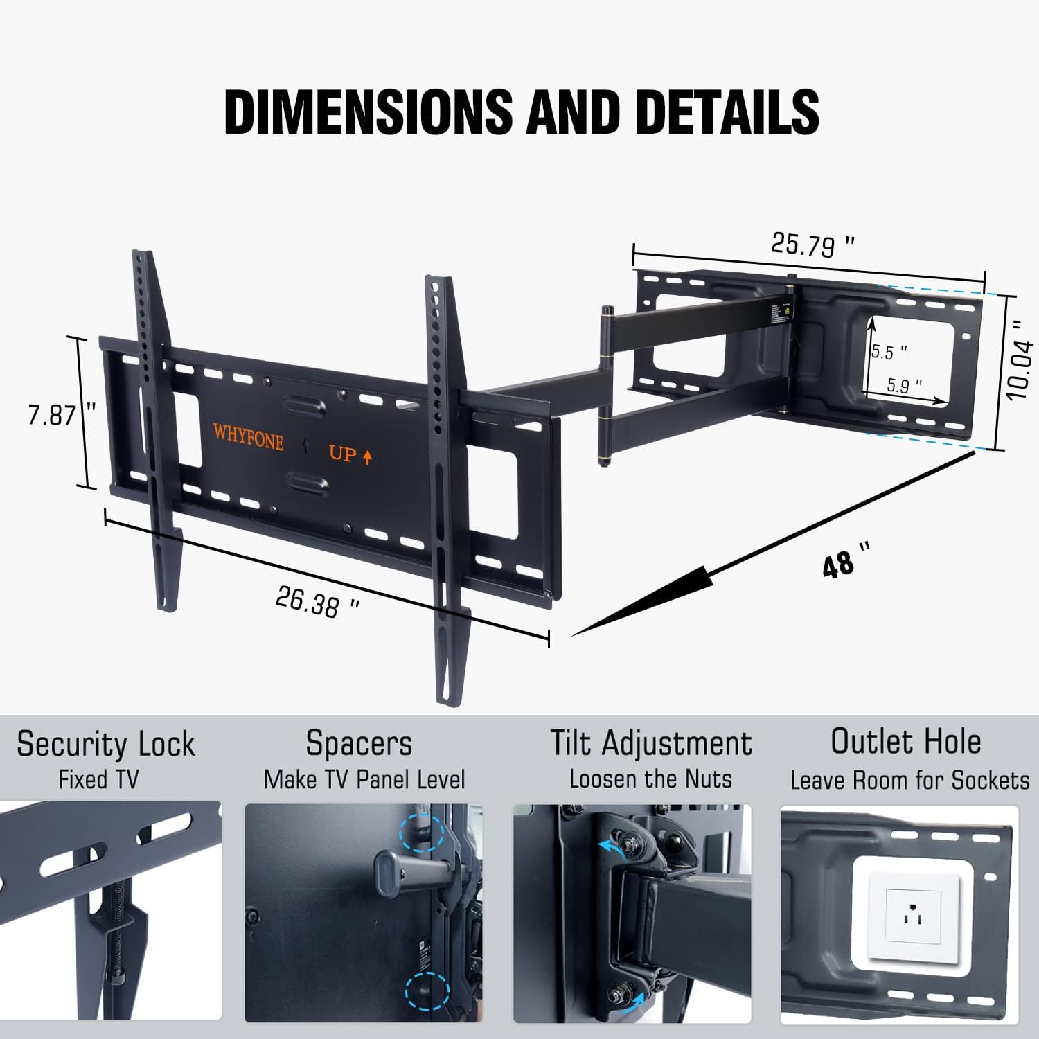 Detalle de 48'' Extension Extra Long Arm TV Wall Mount with Power Strip for 37-85 inch TVs