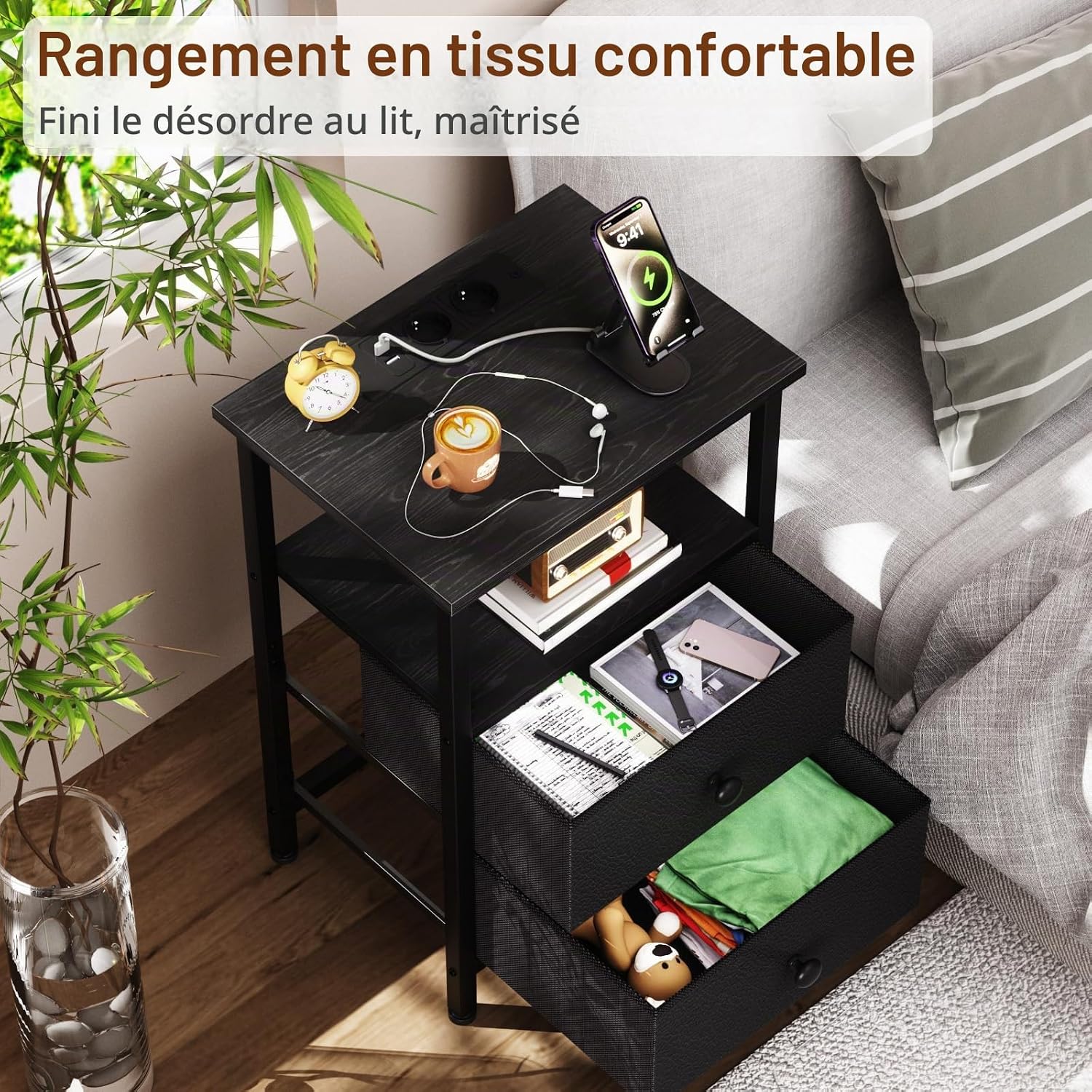 Detalle de AMHANCIBLE HETS020BK-1 nachtkastje met laadstation en 2 stoffen laden, zwart