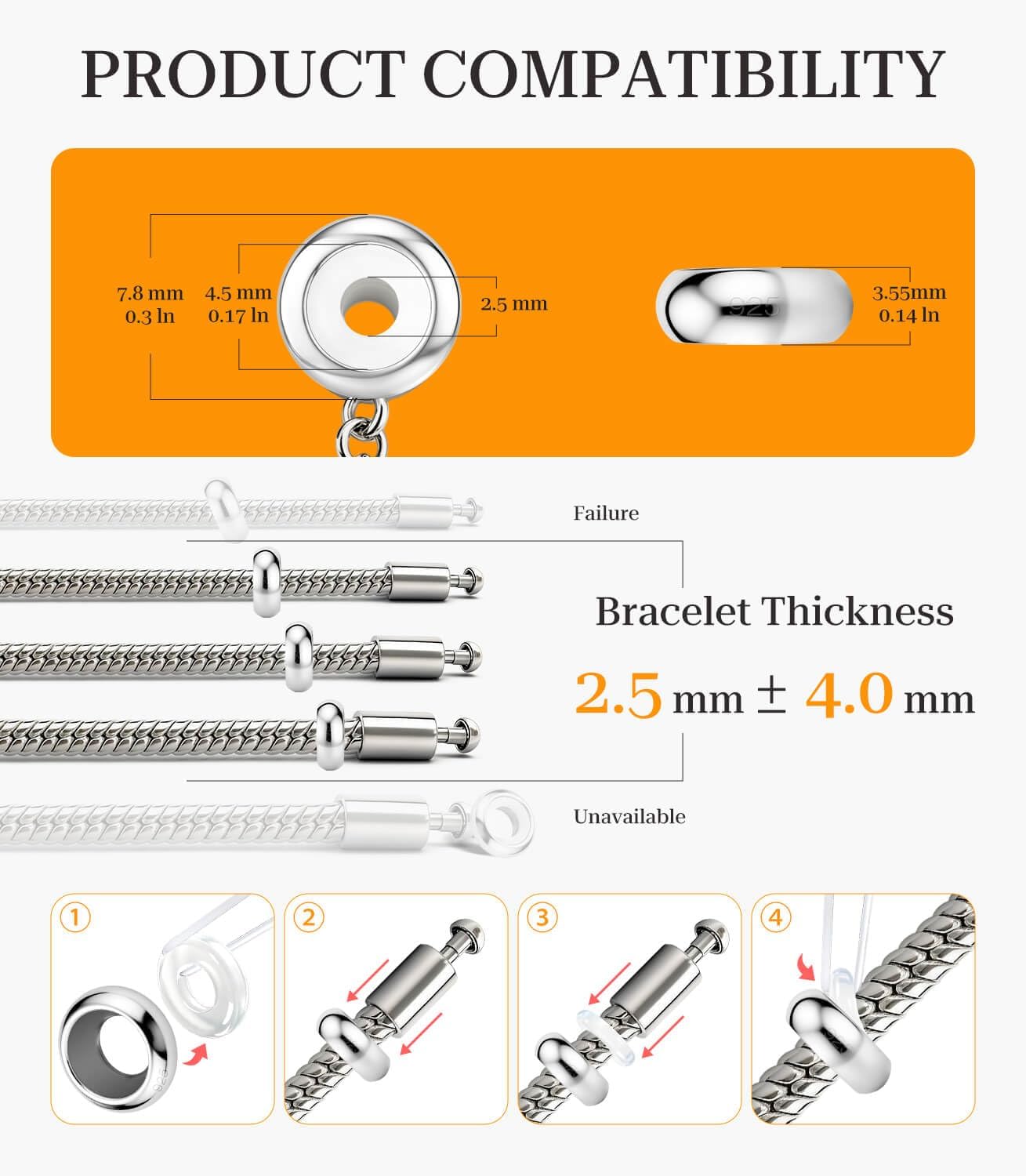 Thumbnail 2 de GW Charms Stopper 925 Sterling Silber für Armband – Gummi Clip, 2,5 mm Loch, 4,4 mm Amulett, nickel- und bleifrei