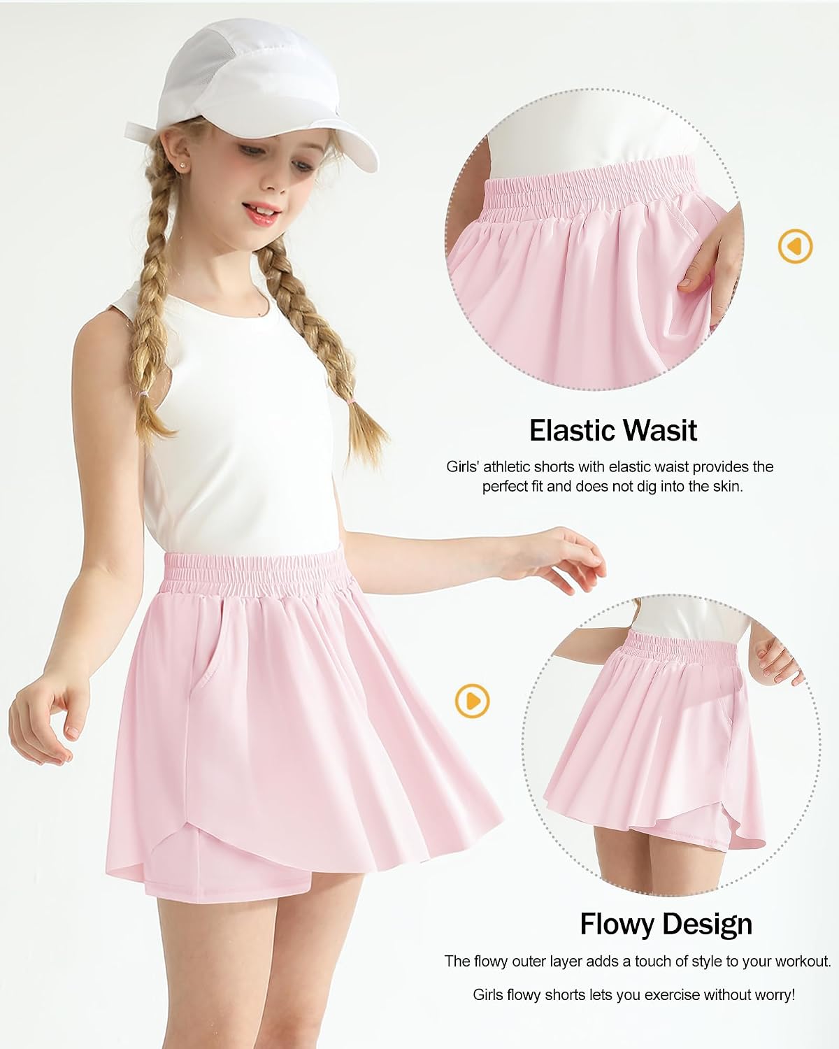 Detalle de Hovershoes Girls Flowy Shorts 2-in-1 Athletic PE Skorts (5-13 Years) – High-Wailed, Pockets, 87% Nylon / 13% Spandex