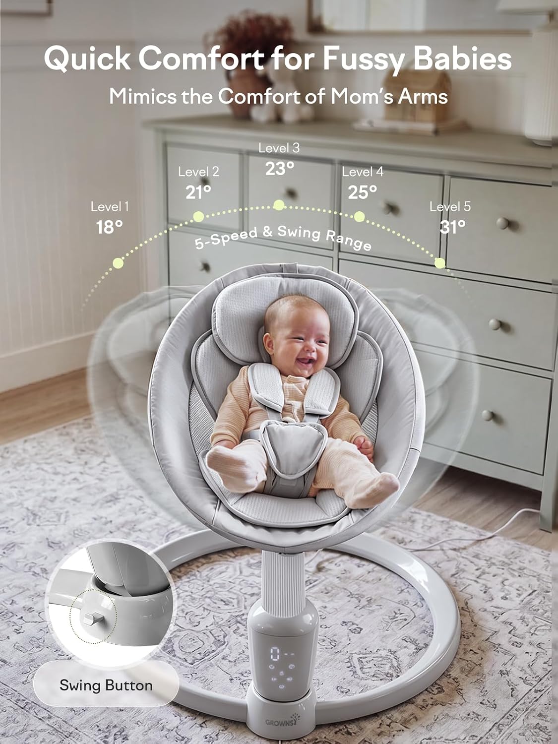 Detalle de Grownsy Baby Swing with Dual Motion, 5 Speeds and 270° Rotation