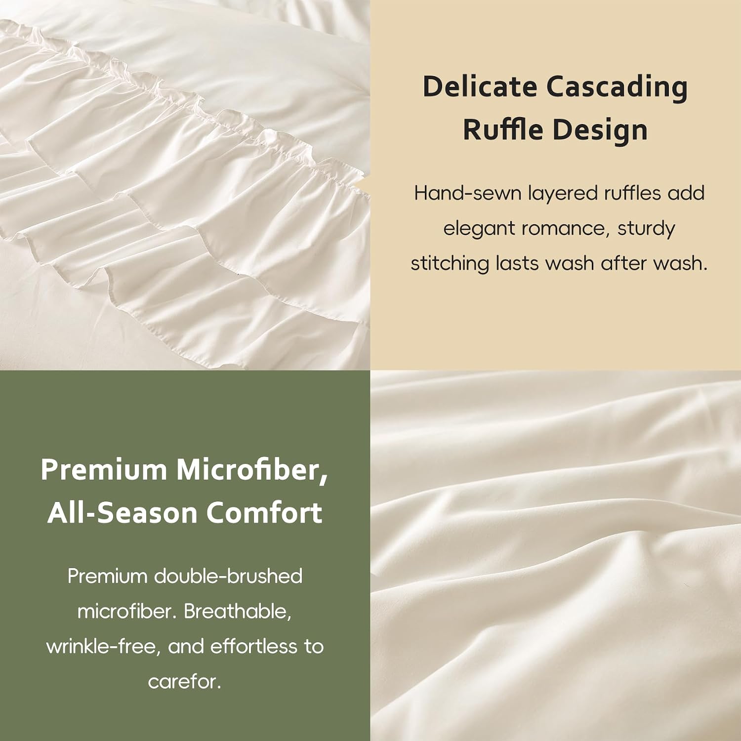 Detalle de HW&HL Beige Queen Ruffle Comforter Set, 3-Piece Polyester Microfiber Bedding