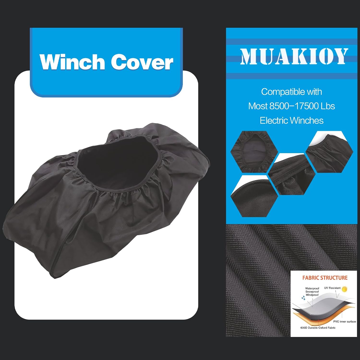 Thumbnail 2 de MUAKIOY Heavy-Duty Waterproof Winch Cover (21.5” x 9.5” x 7.5”) for Electric Winches 8,500–17,500 lbs, Black