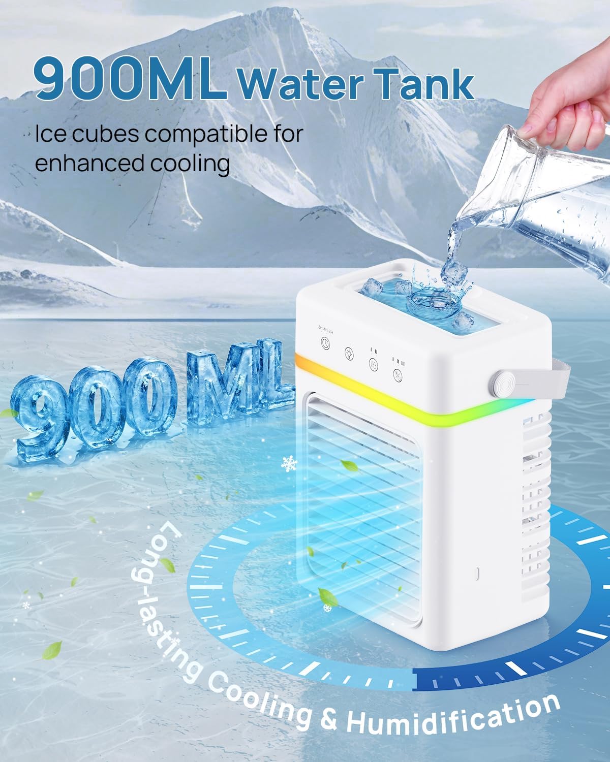 Detalle 2 de Portable Mini Air Conditioner with 900ML Tank — 4-in-1 USB-C Cooler for Office, Bedroom, Kitchen