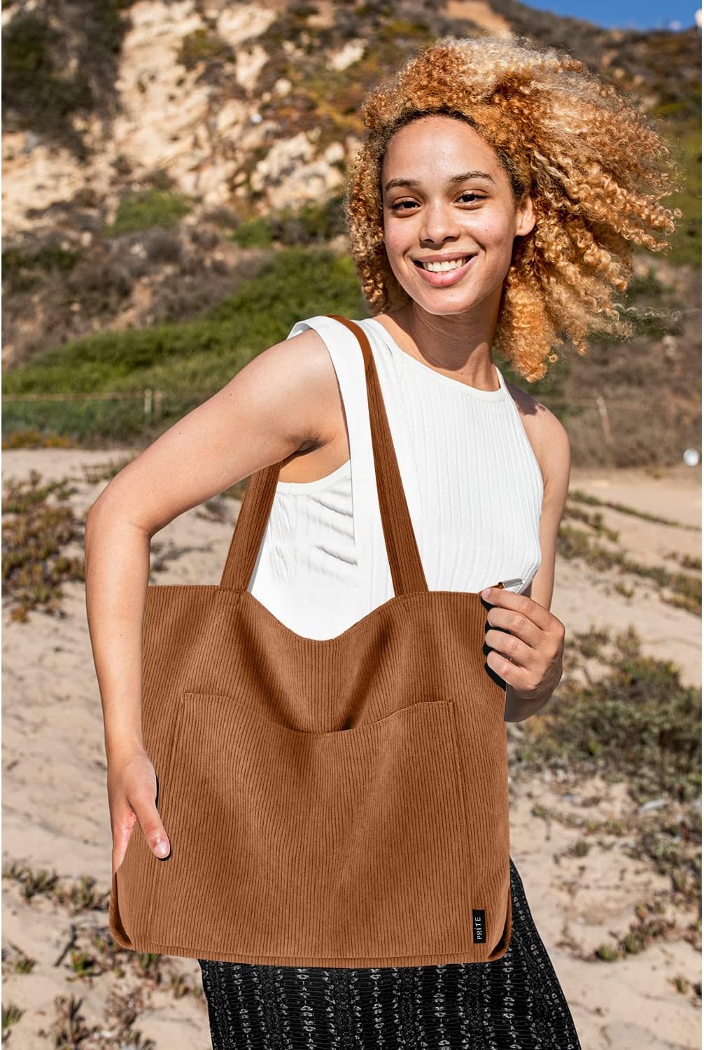 Thumbnail 2 de Prite Corduroy Tote Bag for Women – Large Brown 2 with Zippered Main Compartment and Multiple Pockets