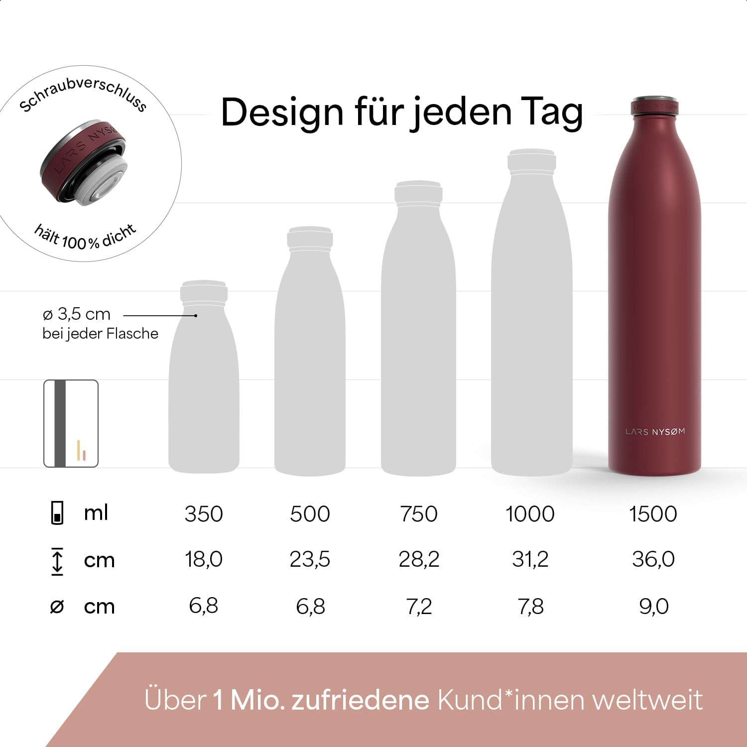 Thumbnail 3 de LARS NYSØM Edelstahl-Trinkflasche „Ren“ XL 1.500 ml (kohlensäuregeeignet) – auslaufsicher, vakuumisoliert