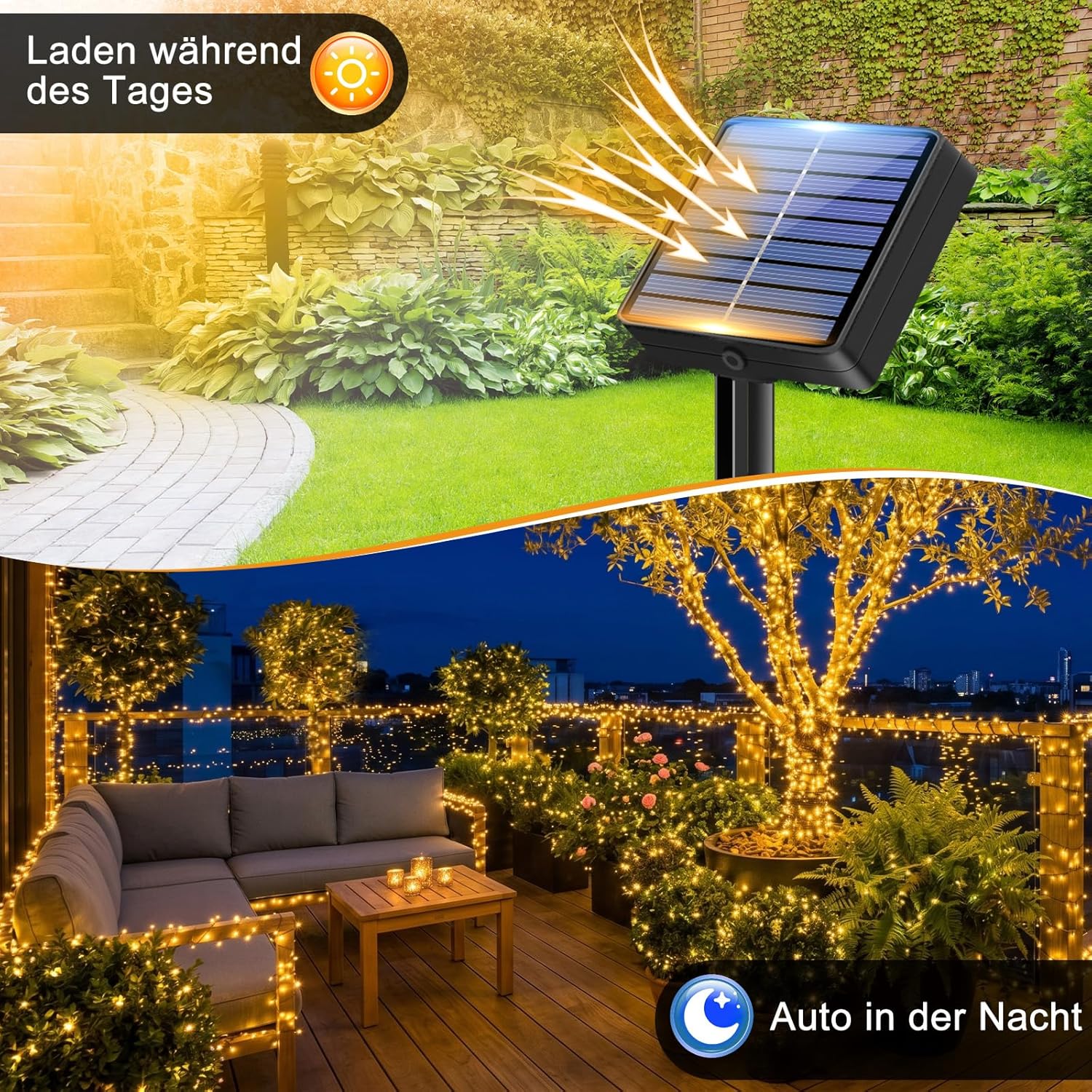 Thumbnail 1 de litogo Solar-Lichterkette Außen 12 m (2 Stück) mit 120 LEDs – 8 Modi, kupferdraht, IP44 wasserdicht